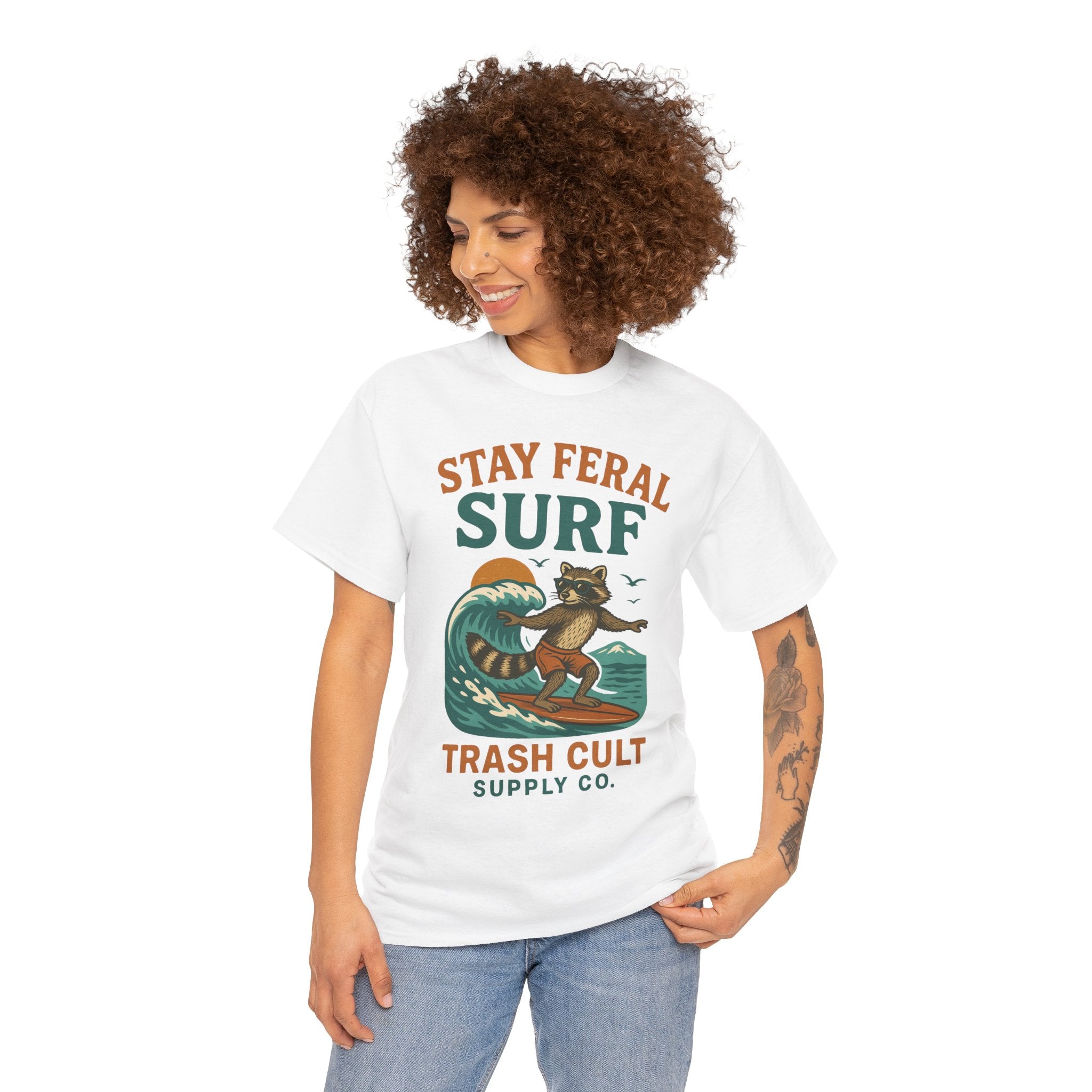 Stay Feral Surf Shirt – Retro Raccoon Beach Tee – Trash Cult Supply Co – Gildan 5000