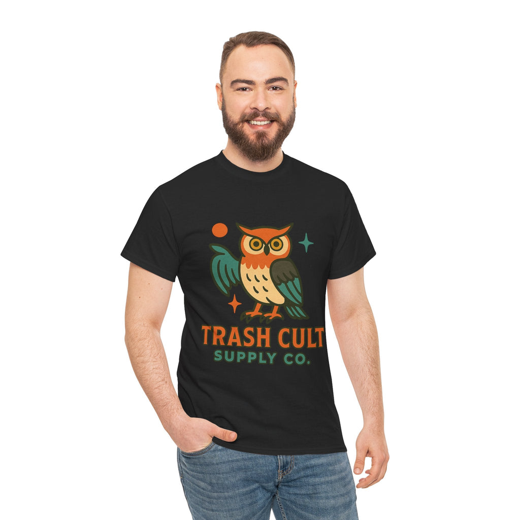 Vintage Owl Graphic Tee, Unisex Heavy Cotton Tee, Trash Cult Shirt, Nature Lover Gift, Eco-Friendly Apparel