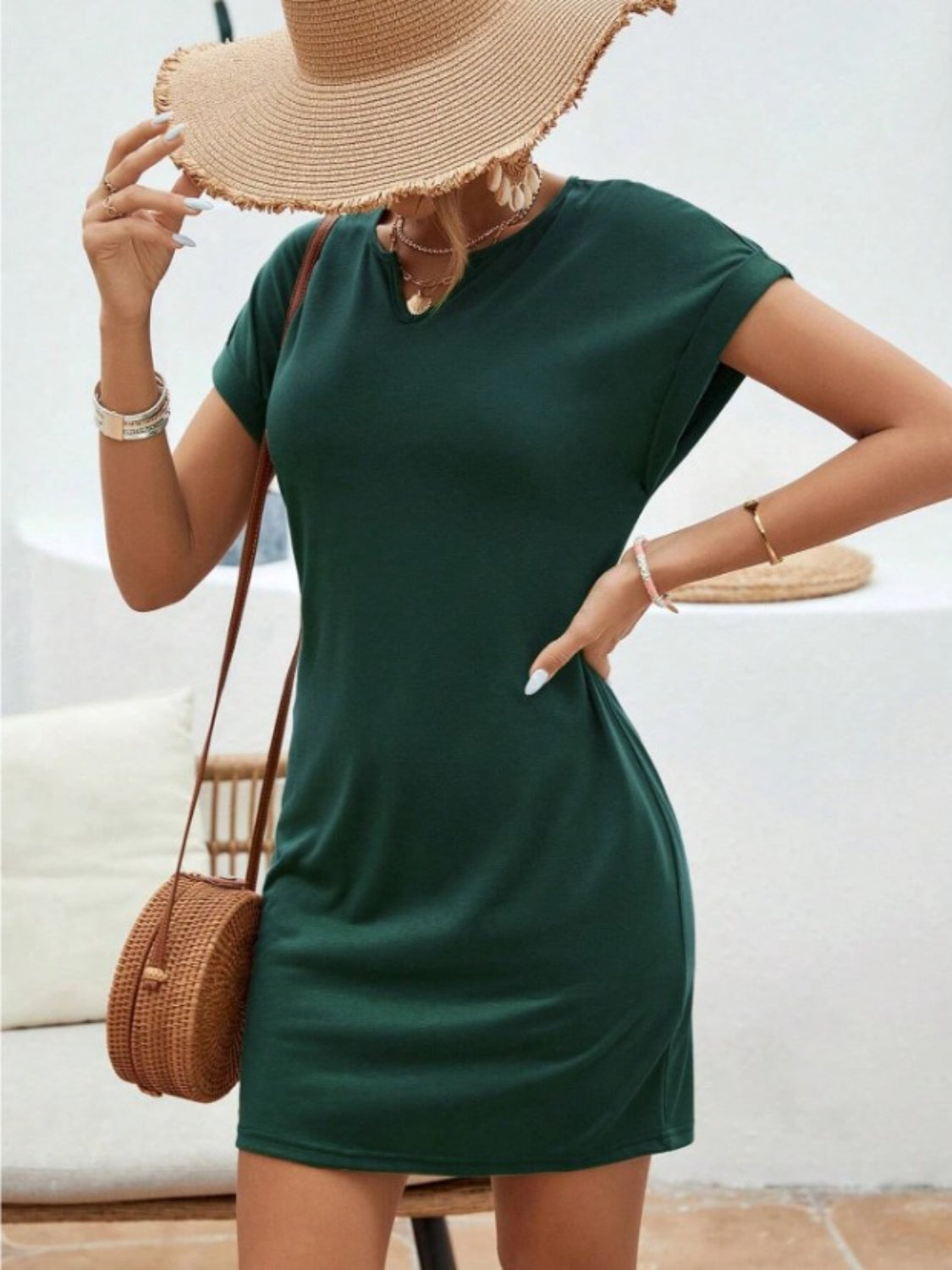 Notched Sleeve Mini Dress