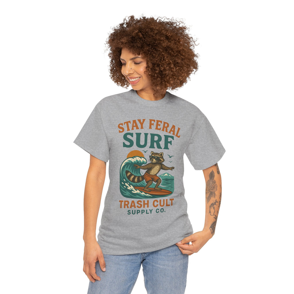 Stay Feral Surf Shirt – Retro Raccoon Beach Tee – Trash Cult Supply Co – Gildan 5000