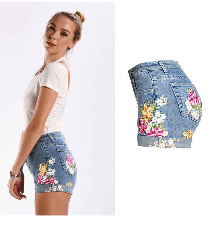Stretch Bottoms for Women 3D Exquisite Embroidered Floral Denim