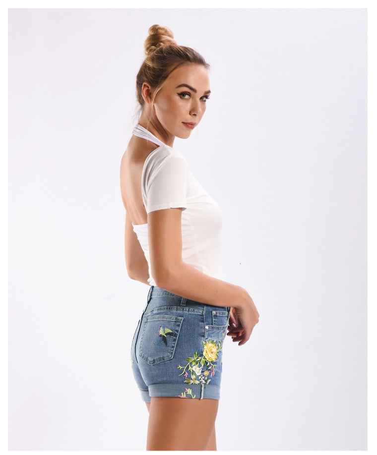 Stretch Bottoms for Women 3D Exquisite Embroidered Floral Denim