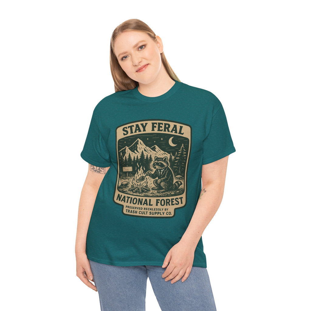 Stay Feral National Forest Shirt – Vintage Raccoon Camping Tee – Trash Cult Supply Co – Gildan 5000