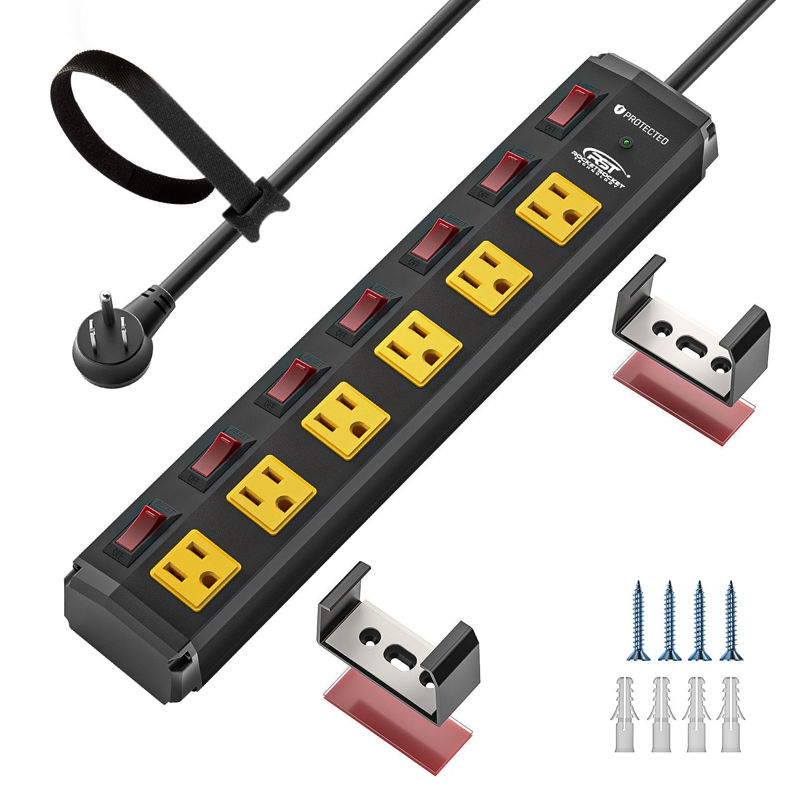 CRST 6-Outlet Metal Power Strip | 6 Individual Switches + Master Switch, Versatile Mounting System, 1200J Surge Protector, 45° Flat Plug, SGS Certified