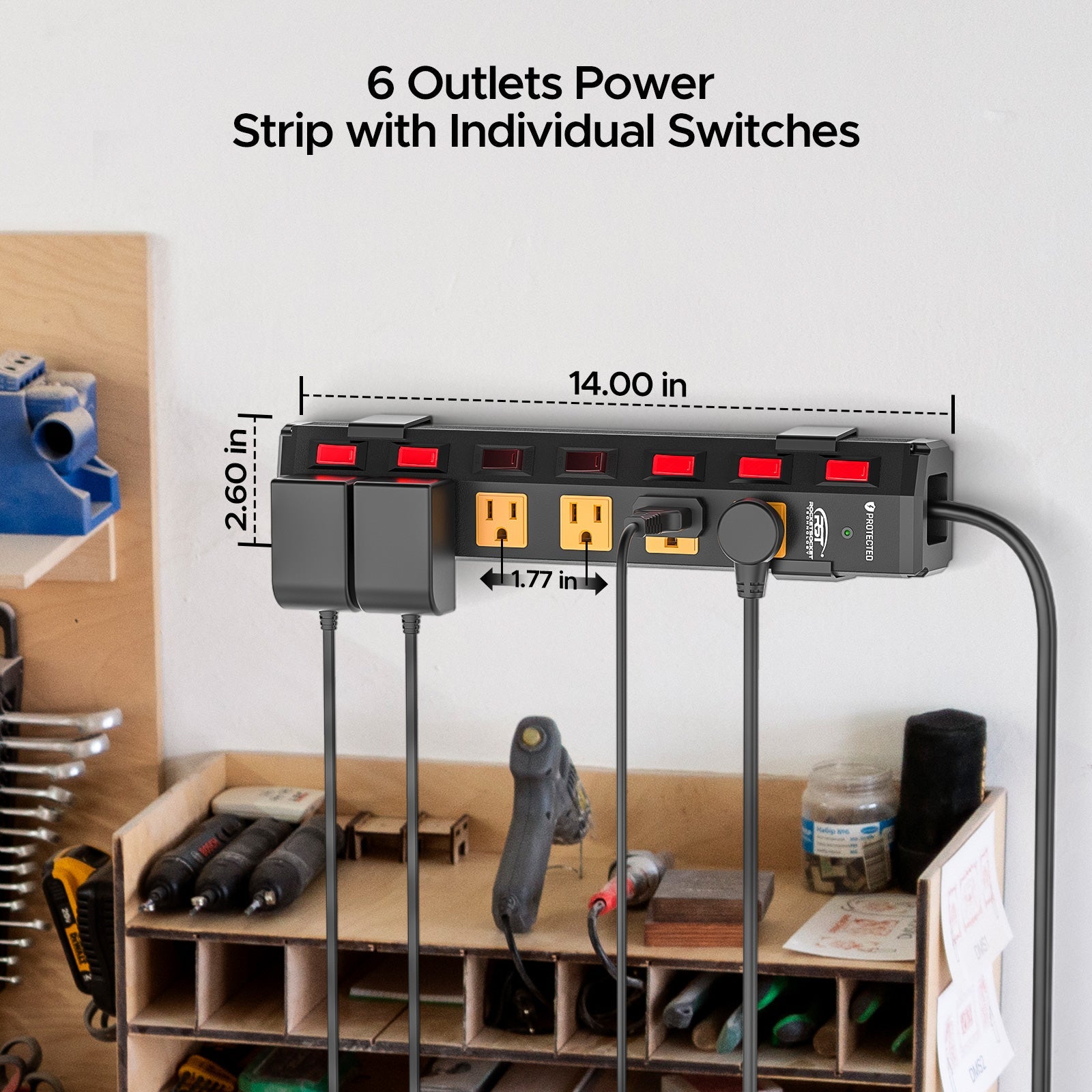 CRST 6-Outlet Metal Power Strip | 6 Individual Switches + Master Switch, Versatile Mounting System, 1200J Surge Protector, 45° Flat Plug, SGS Certified