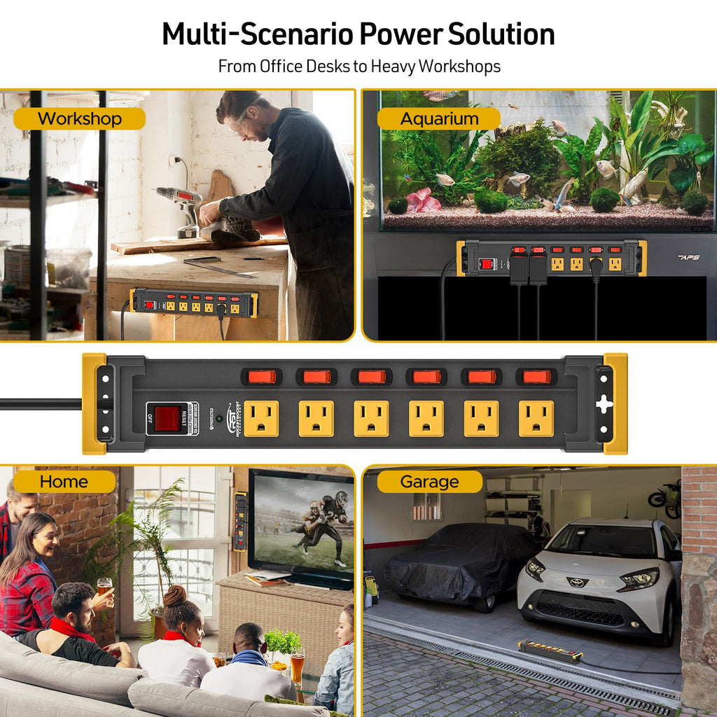 CRST 6-Outlet Metal Power Strip | 6 Individual Switches + Dual-Pole Master Switch, 1020J Surge Protector, Mountable