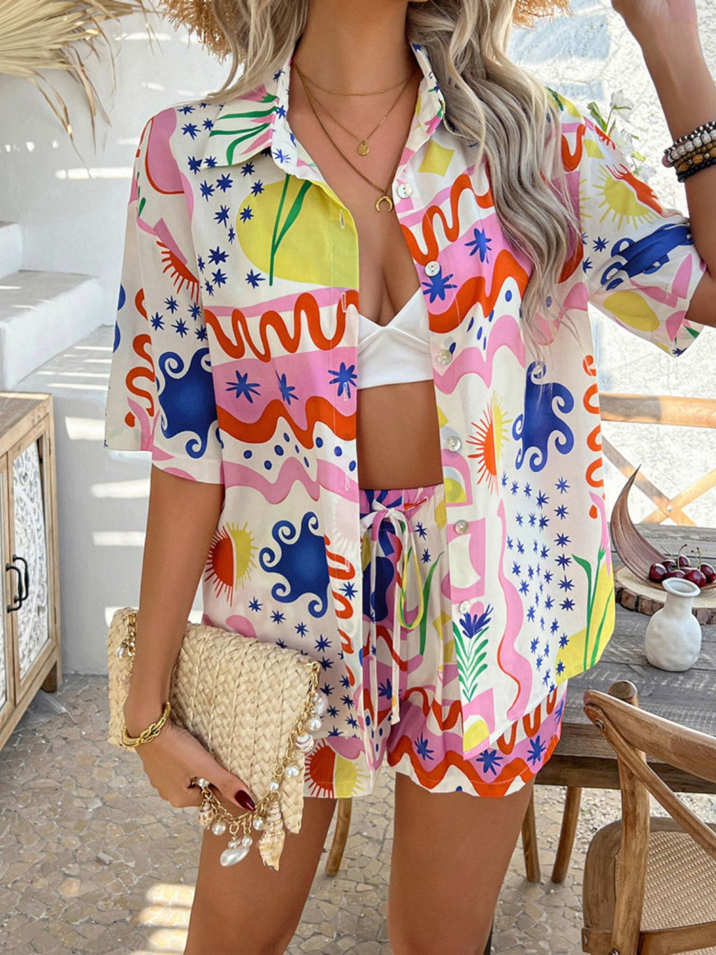 Women's Devine Printed Button-Down Romper Set Bottoms