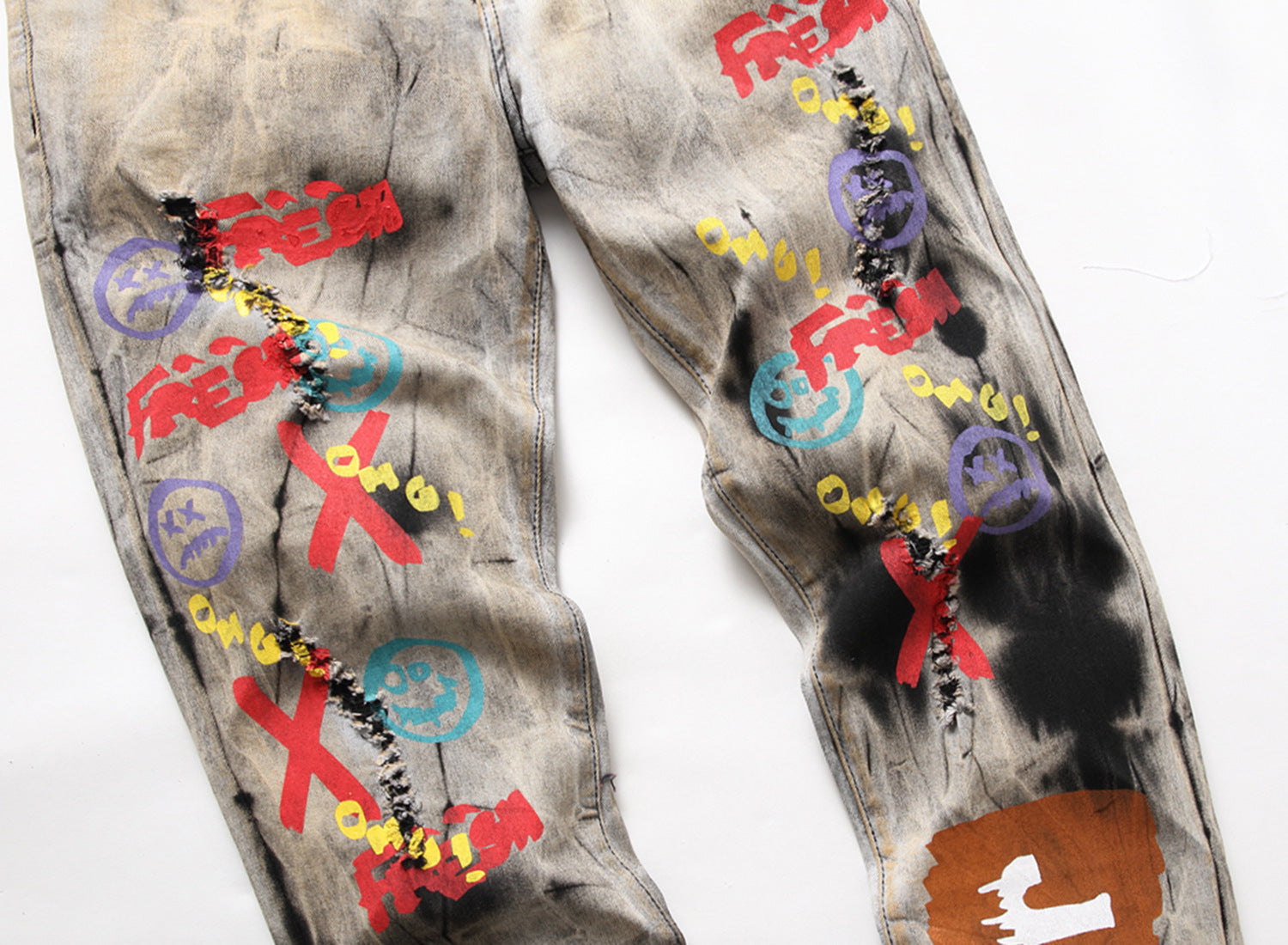 Men's Tie and Dye Letters 3D Printed Pants Fashion Holes Ripped Stretch Denim Pants Slim Straight