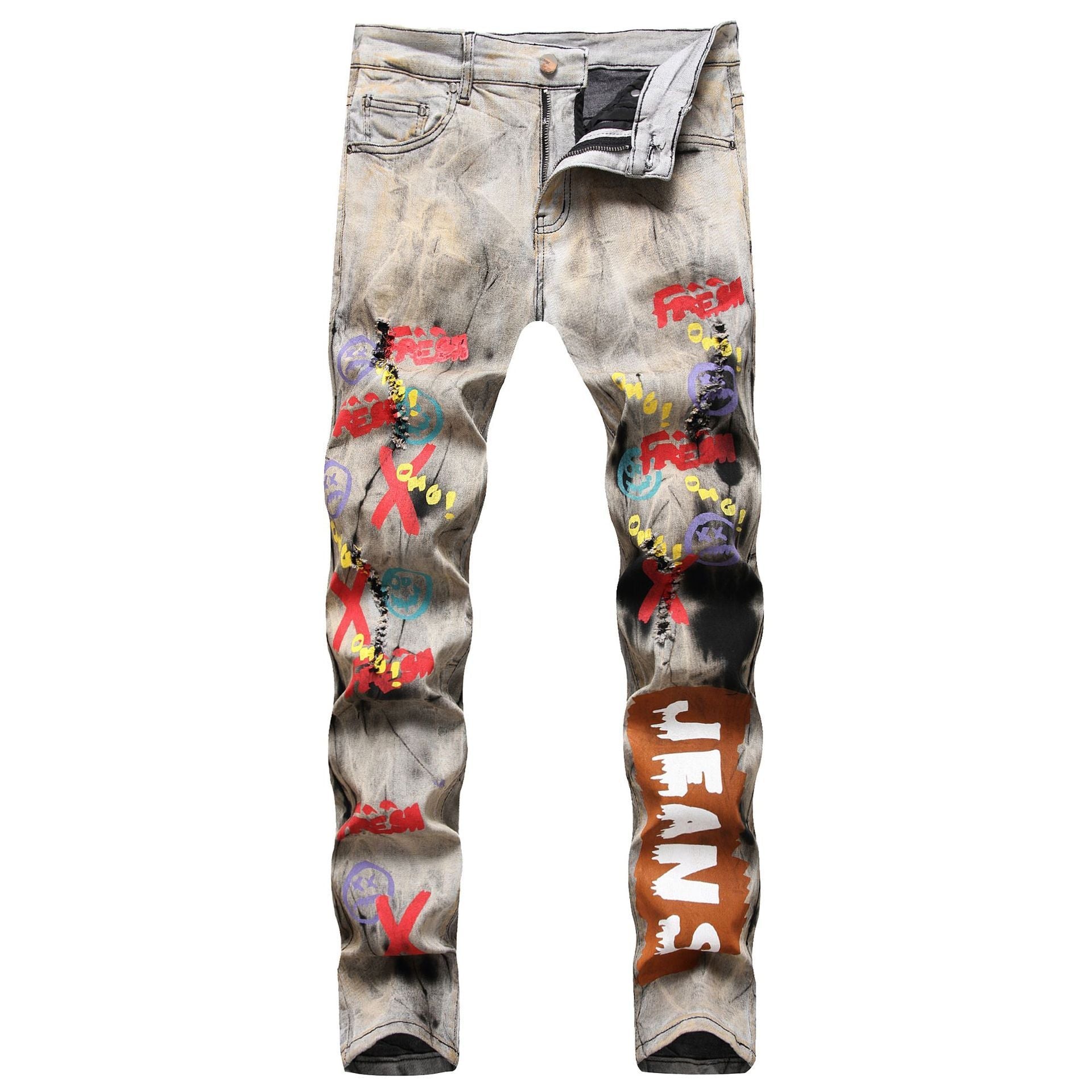 Men's Tie and Dye Letters 3D Printed Pants Fashion Holes Ripped Stretch Denim Pants Slim Straight