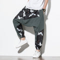 Chinese Style Crane Print Big Crotch Cotton and Linen Casual Joggers