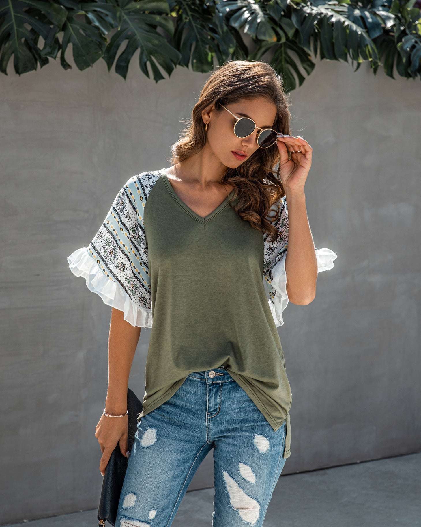 Stitched Chiffon Ruffled V-neck Blouse