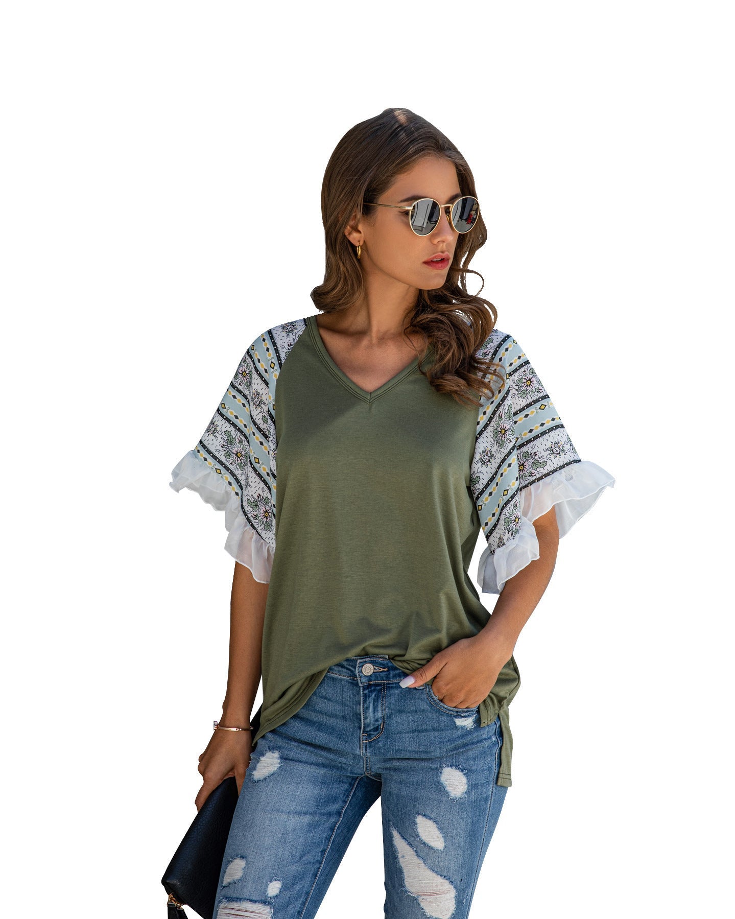 Stitched Chiffon Ruffled V-neck Blouse
