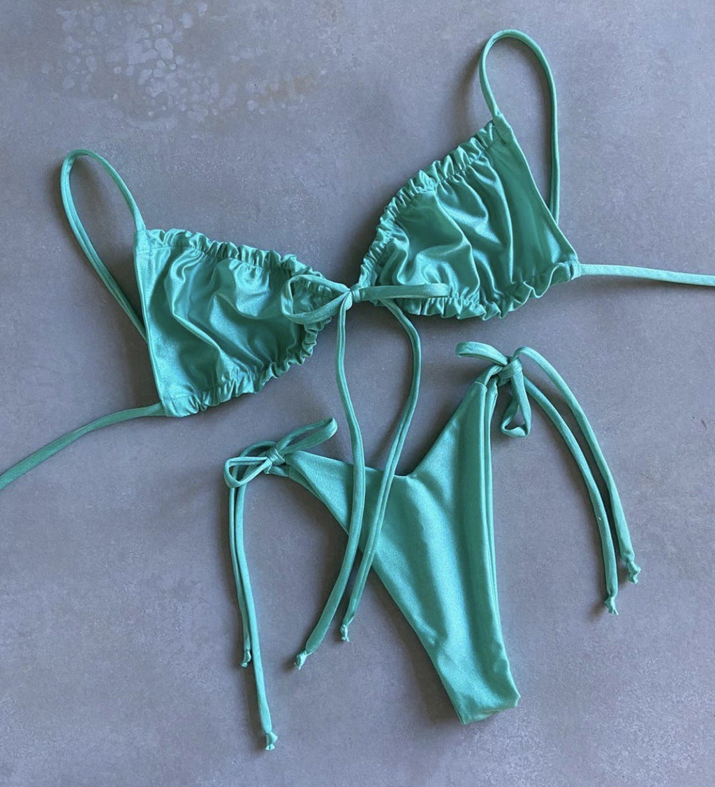 Popular Split Bikini Swimsuit Solid Color Women Bikini Tied Swimsuit