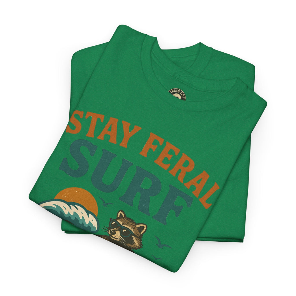 Stay Feral Surf Shirt – Retro Raccoon Beach Tee – Trash Cult Supply Co – Gildan 5000