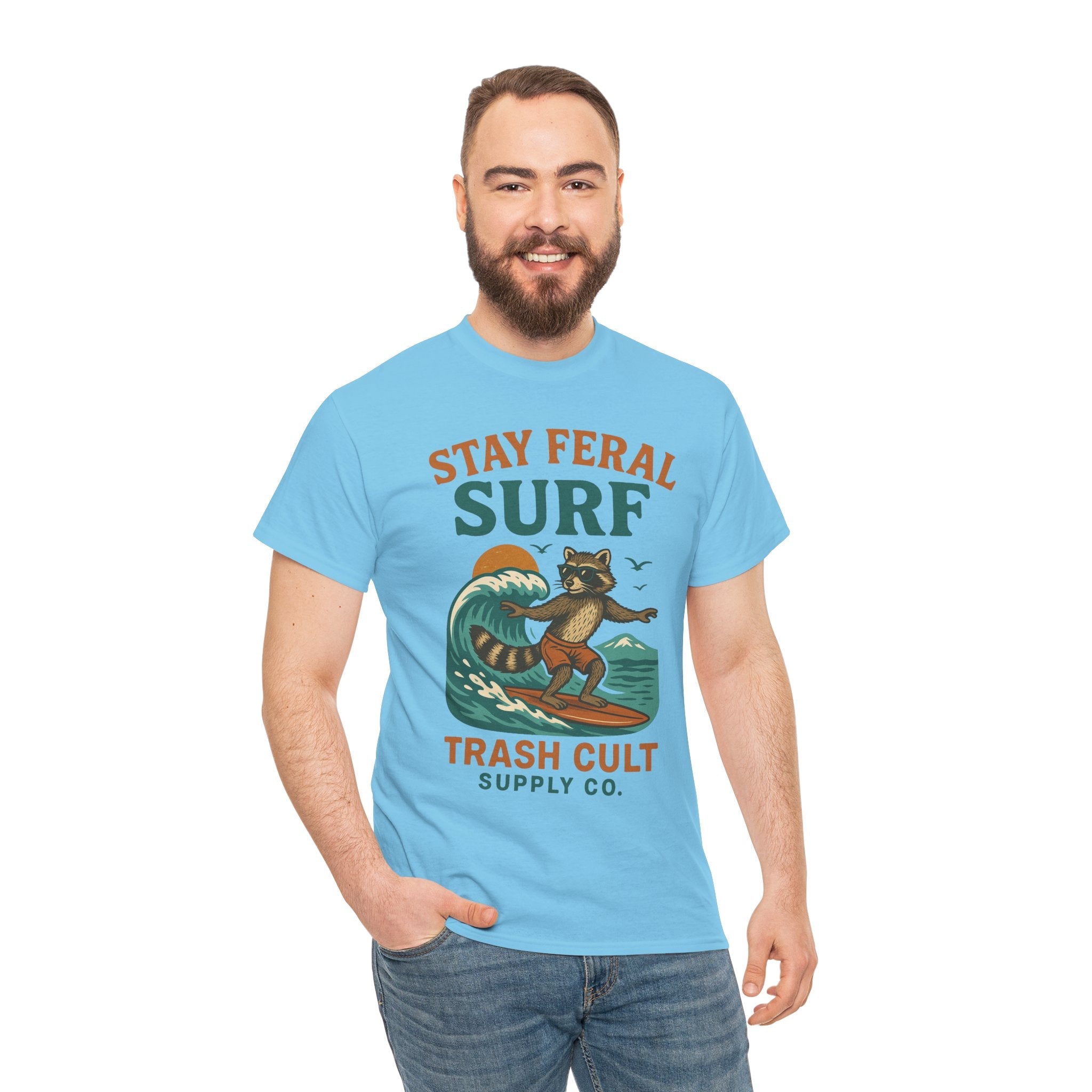 Stay Feral Surf Shirt – Retro Raccoon Beach Tee – Trash Cult Supply Co – Gildan 5000