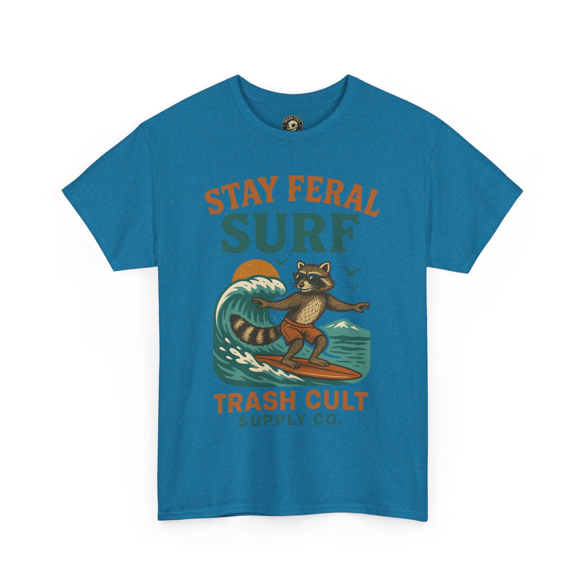 Stay Feral Surf Shirt – Retro Raccoon Beach Tee – Trash Cult Supply Co – Gildan 5000