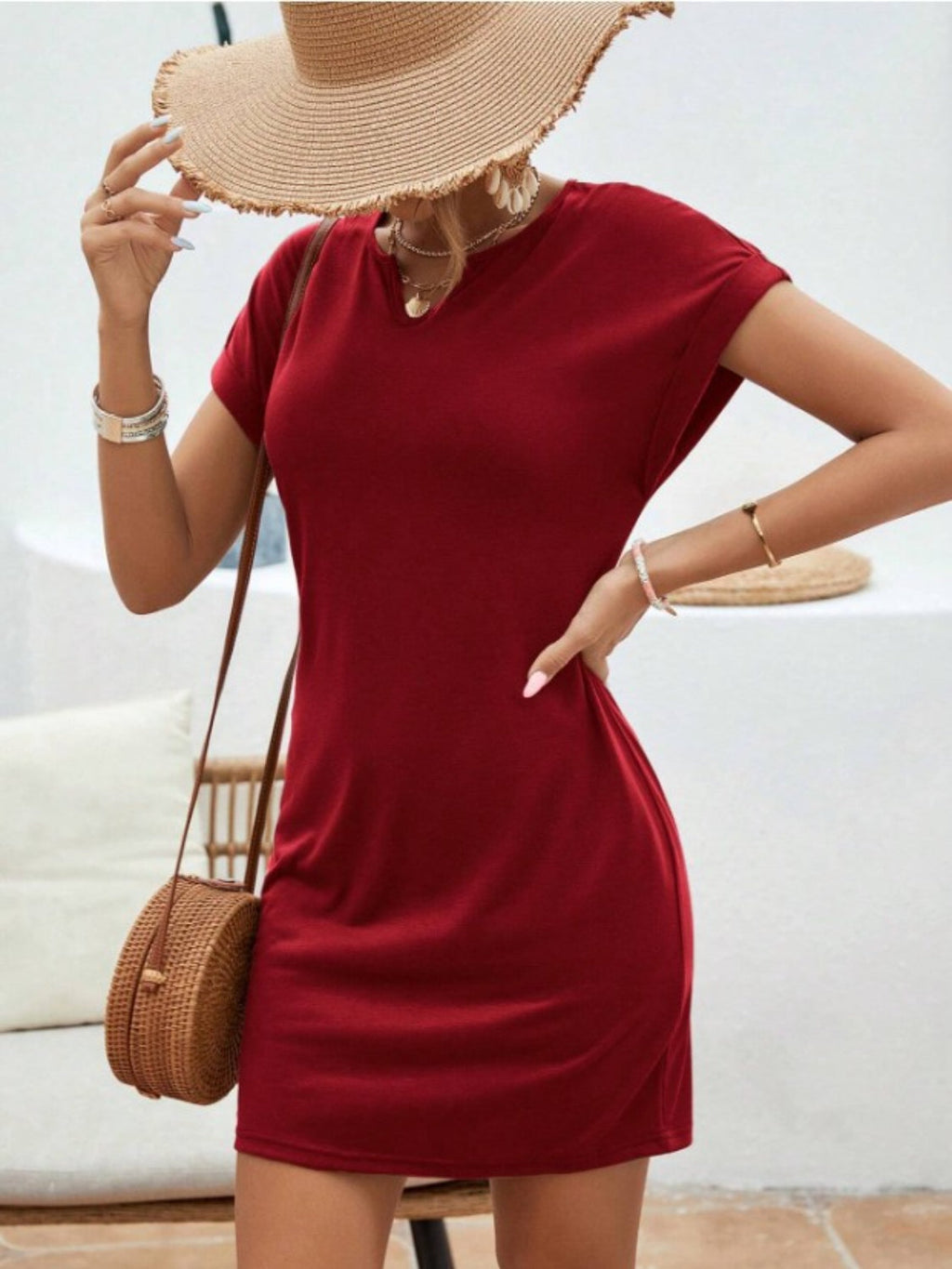Notched Sleeve Mini Dress
