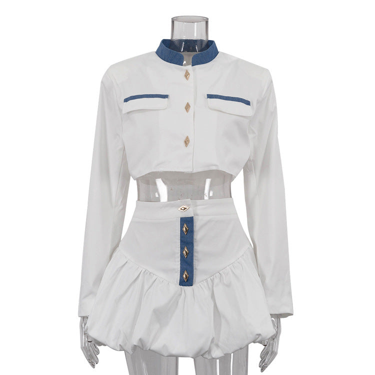 Stand-up Collar Long Sleeve Skirt Two-piece Set