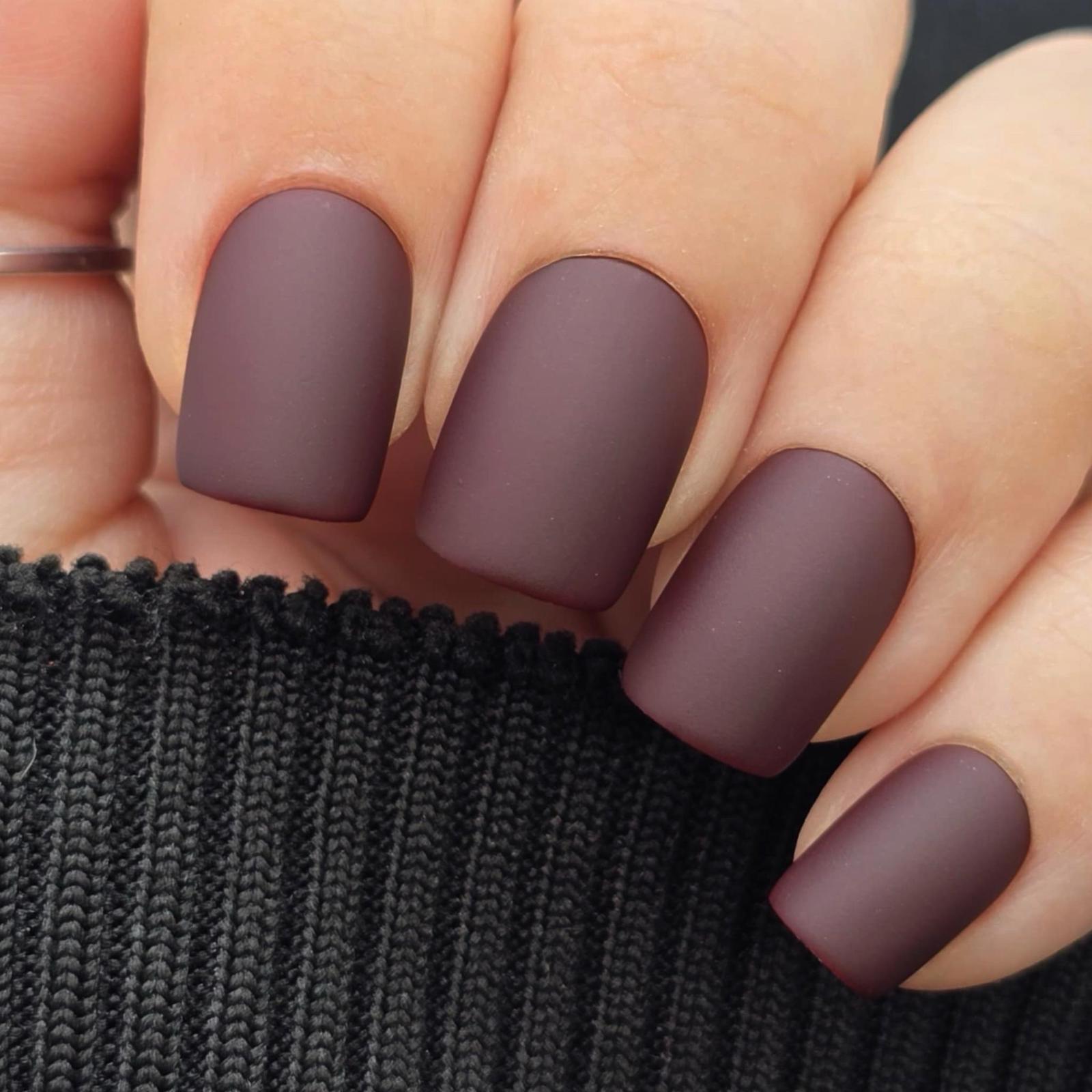 24 Short Press on nail kit w/ glue Dark Matte Wine Burgundy square edgy goth