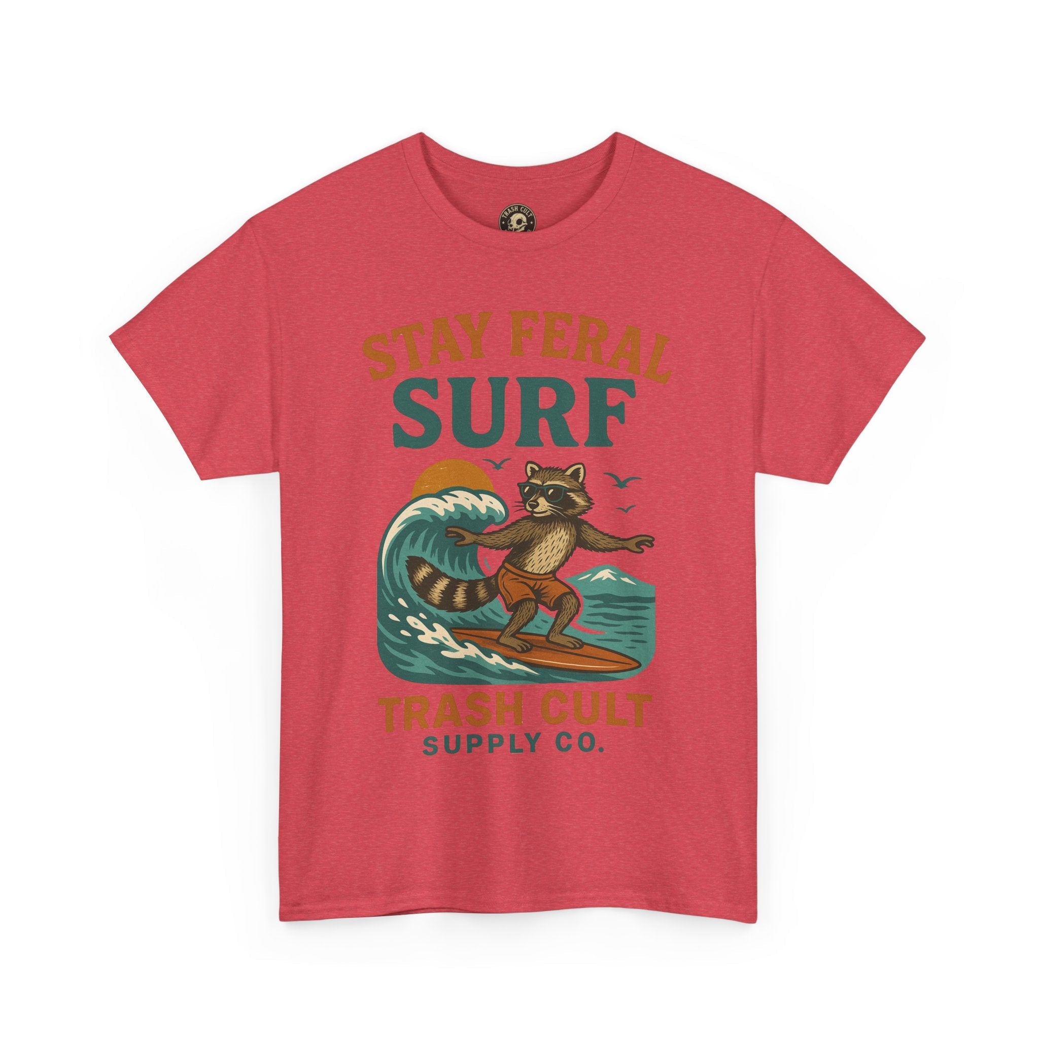Stay Feral Surf Shirt – Retro Raccoon Beach Tee – Trash Cult Supply Co – Gildan 5000