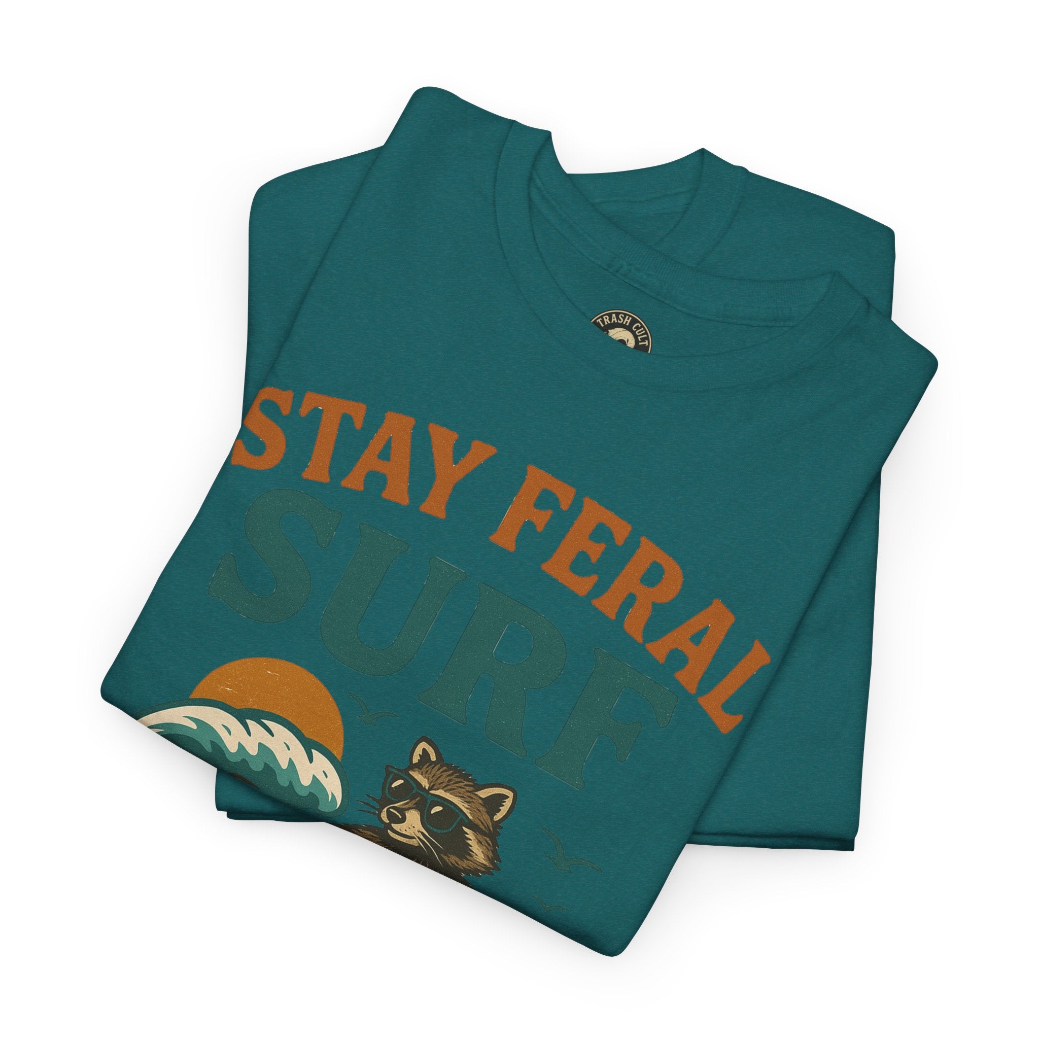 Stay Feral Surf Shirt – Retro Raccoon Beach Tee – Trash Cult Supply Co – Gildan 5000