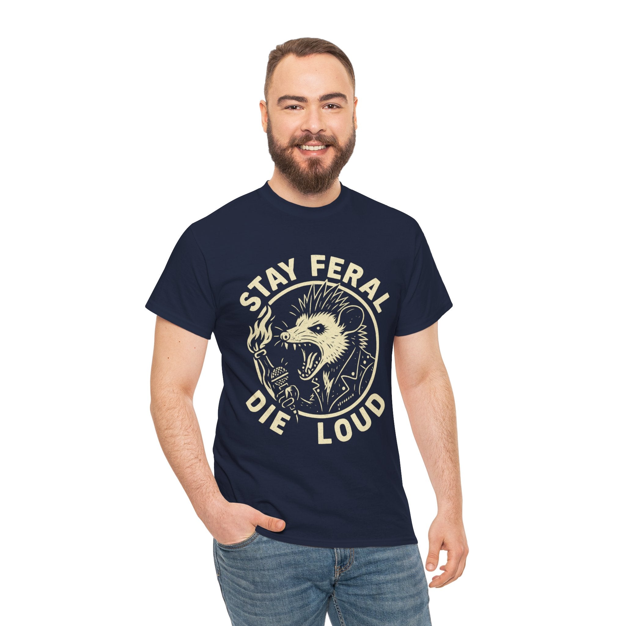 Stay Feral Die Loud Possum Punk Shirt – Trash Cult Supply Co – Gildan 5000 T-Shirt