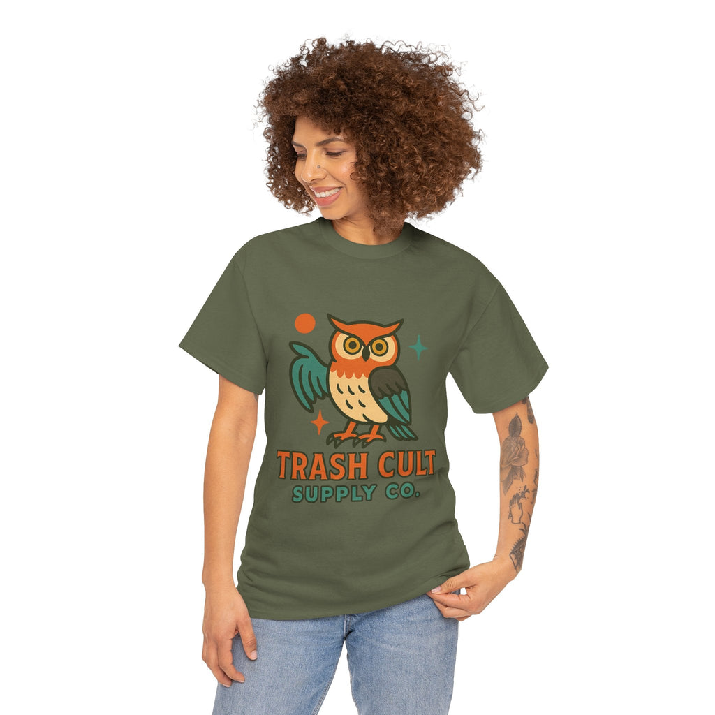 Vintage Owl Graphic Tee, Unisex Heavy Cotton Tee, Trash Cult Shirt, Nature Lover Gift, Eco-Friendly Apparel