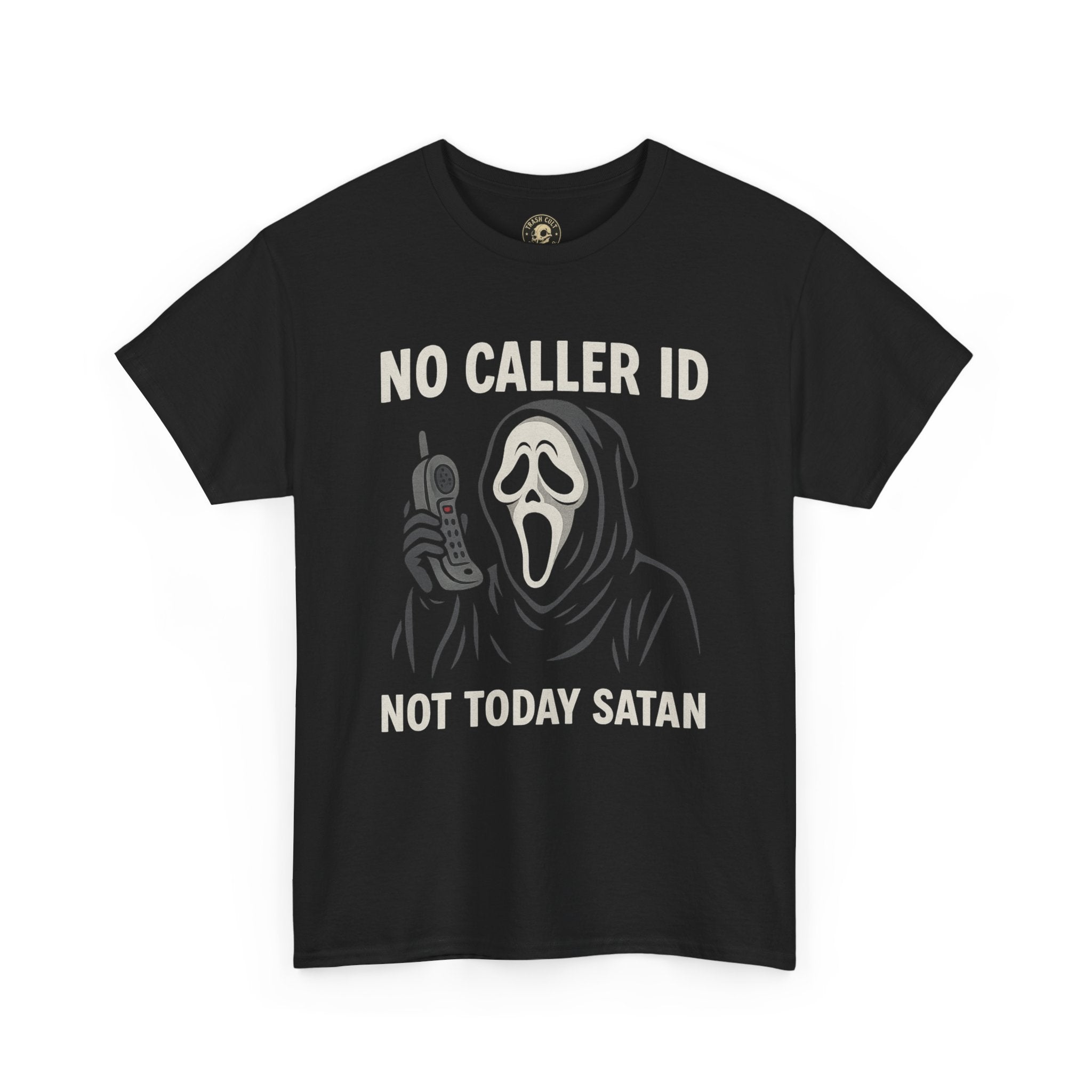 “No Caller ID Not Today Satan” Ghostface Parody Shirt – Funny Horror Graphic Tee – Gildan 5000