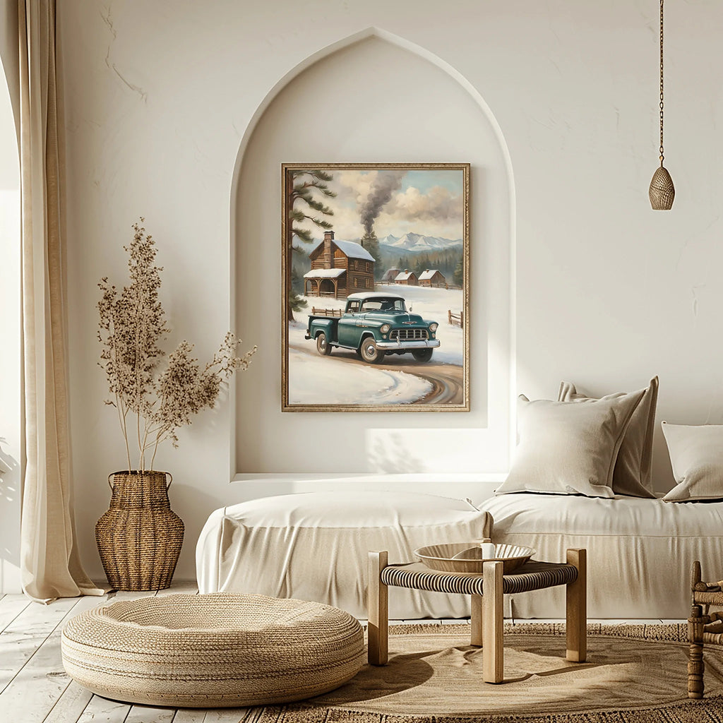 1955 Cameo Carrier Winter Cabin Wall Art | Nostalgic Snowy Pickup Print