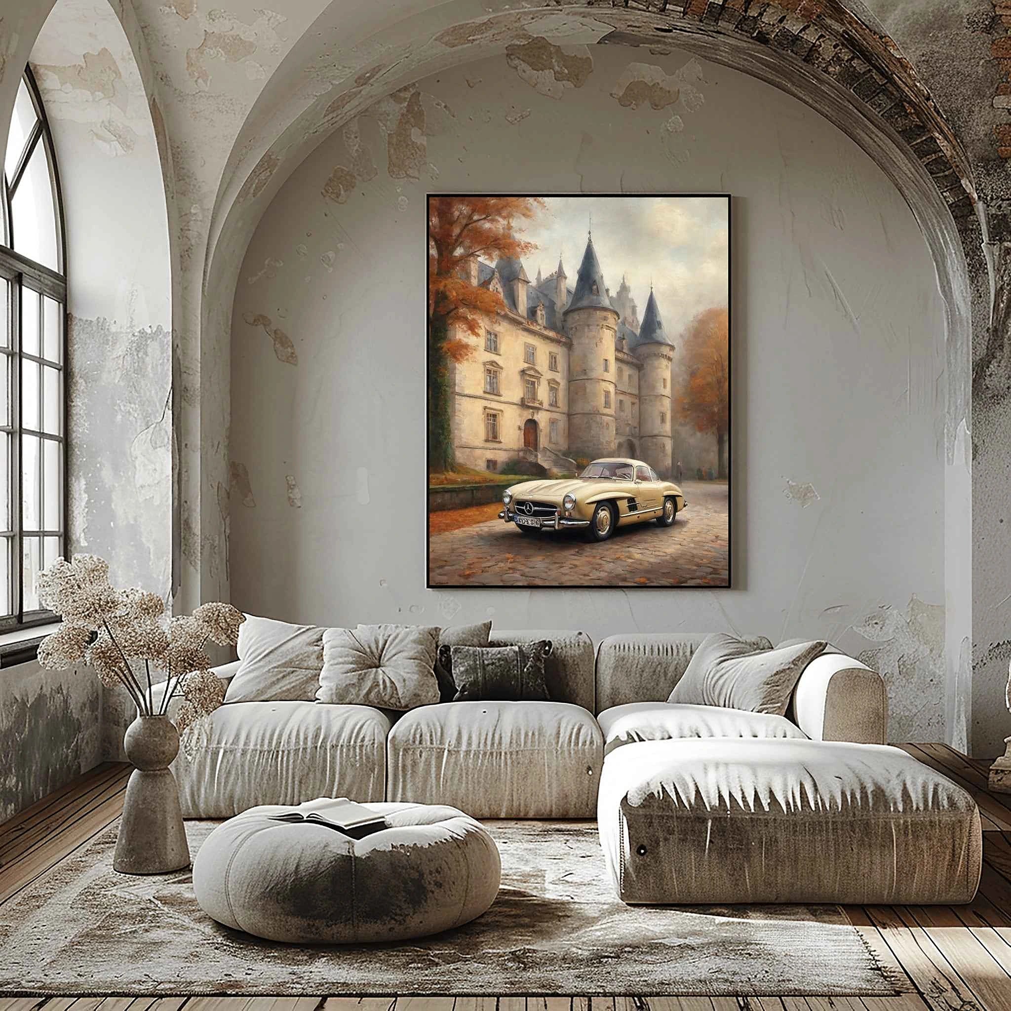 1955 German Gullwing Icon Medieval Castle Wall Art | Historic Luxury Supercar Print