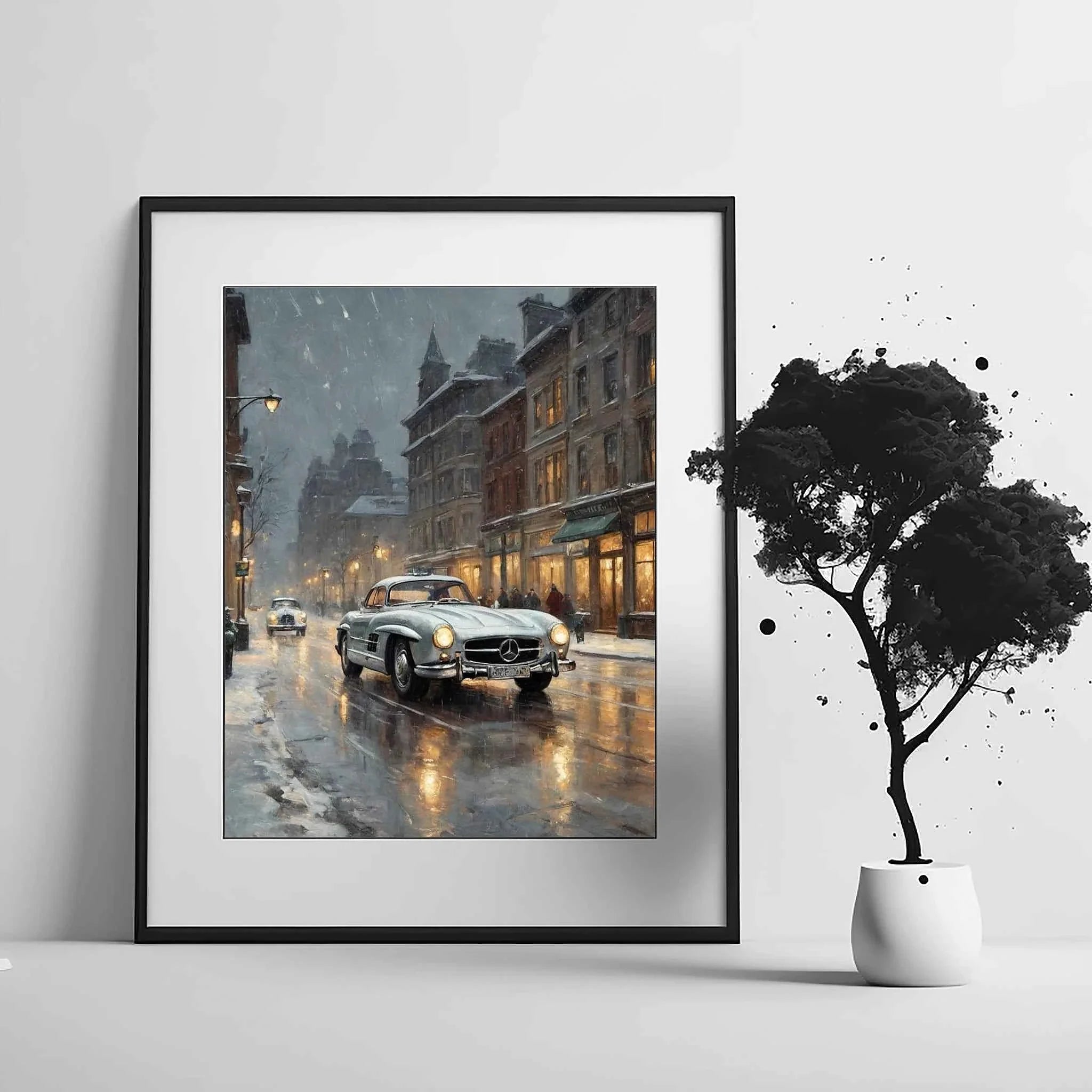 1955 German Gullwing Icon Snowy Village Wall Art | Nostalgic Winter Supercar Print