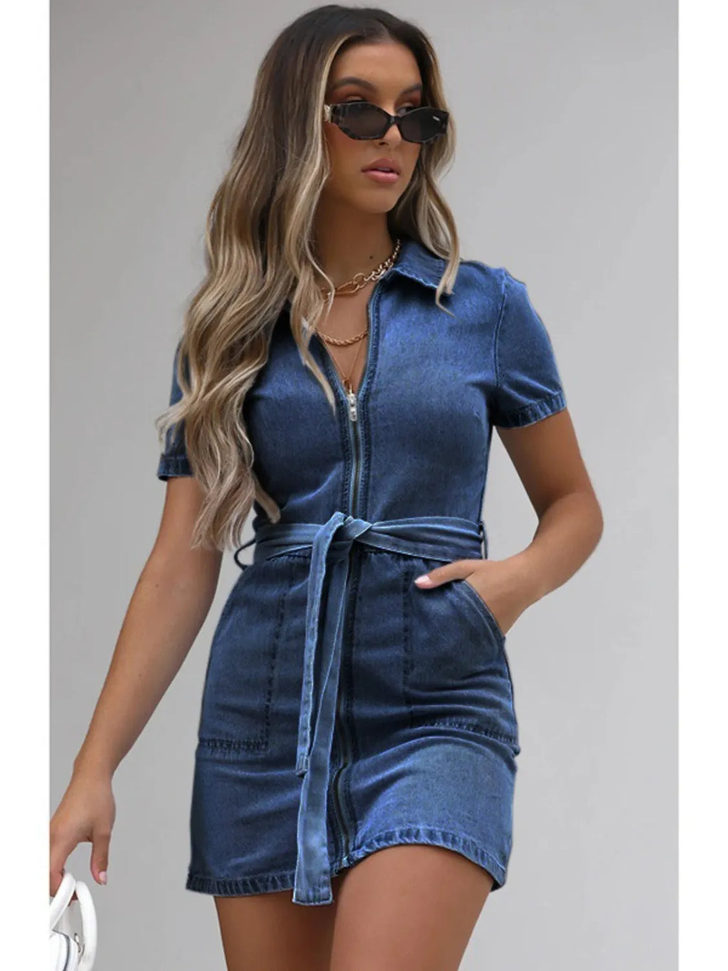 Full Size Zip Front Sleeve Denim Dress Plus Size