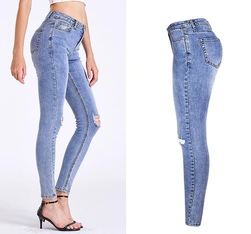 Essential Ripped Skinny Jeans – Stretch Slim Fit, Stone Wash Blue Denim, Street Style