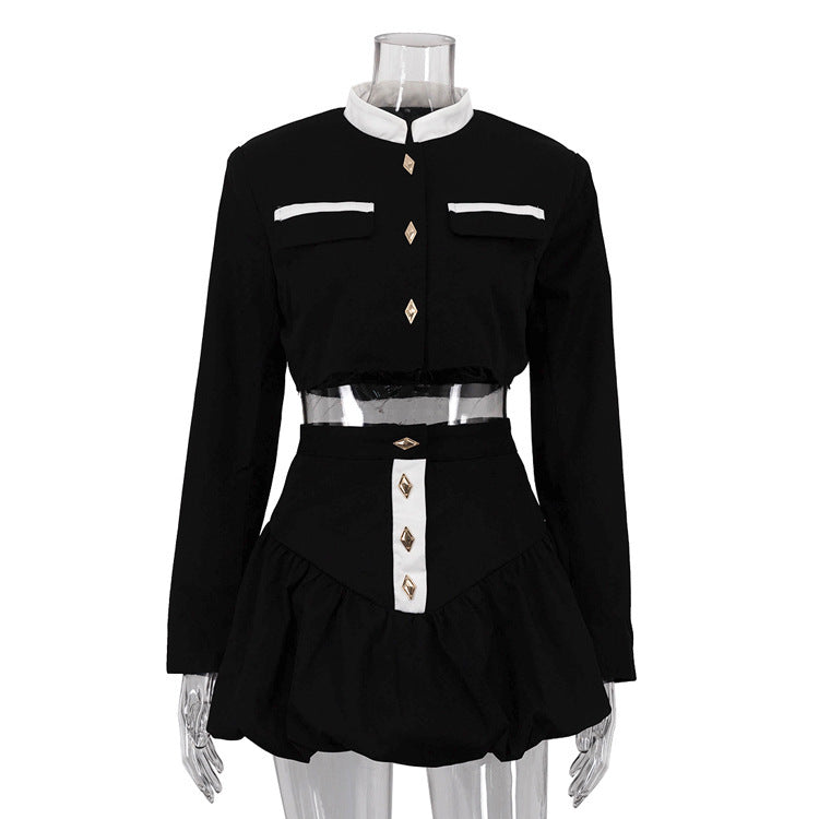Stand-up Collar Long Sleeve Skirt Two-piece Set