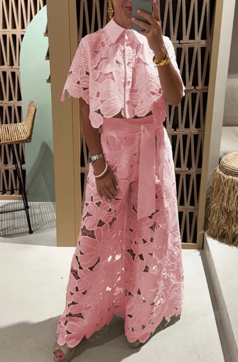 Solid Color Sexy Cutout Cardigan Blouse Wide Leg Two-piece Set