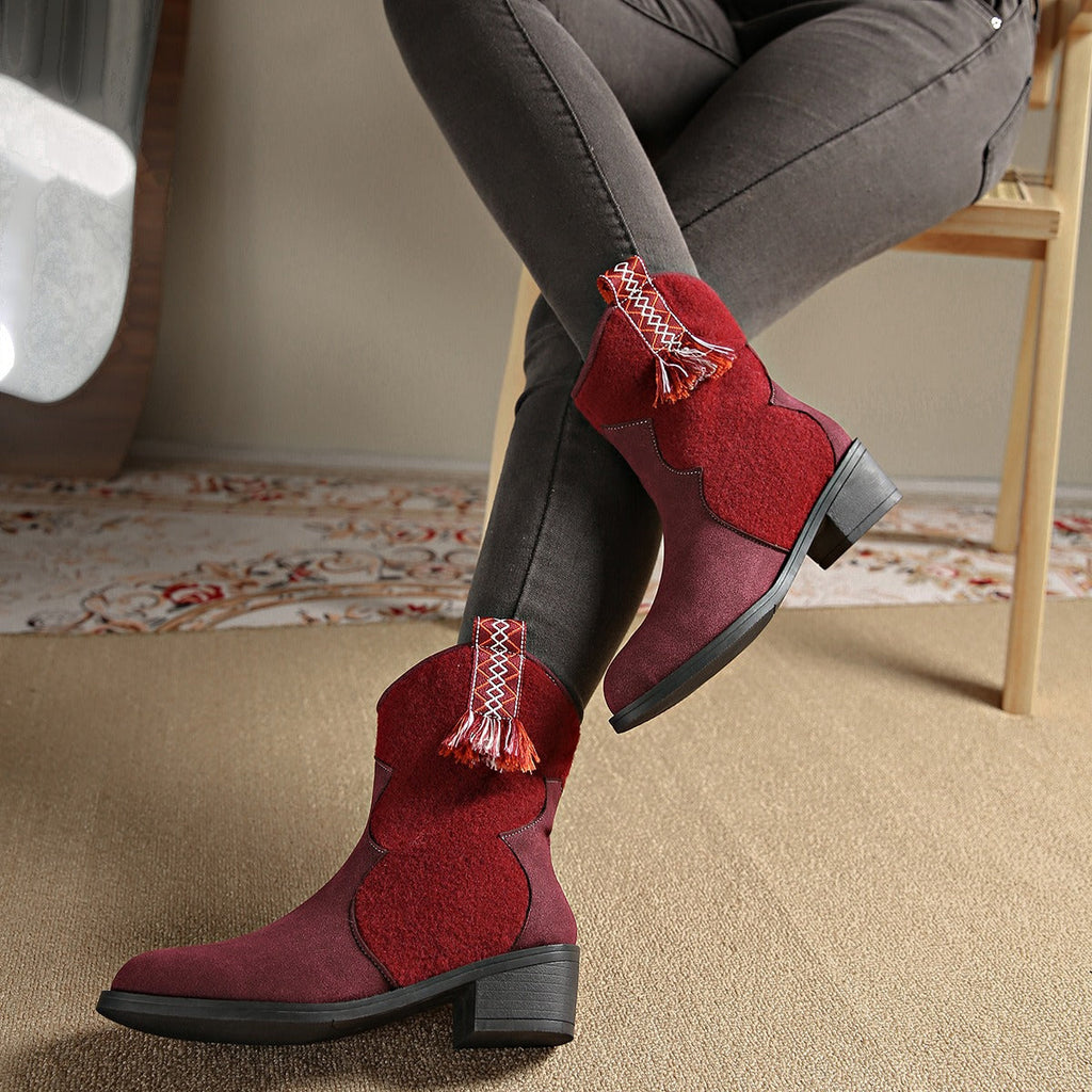 Women's Munsieur Brand Suede Point Toe Block Cowgirl Boots