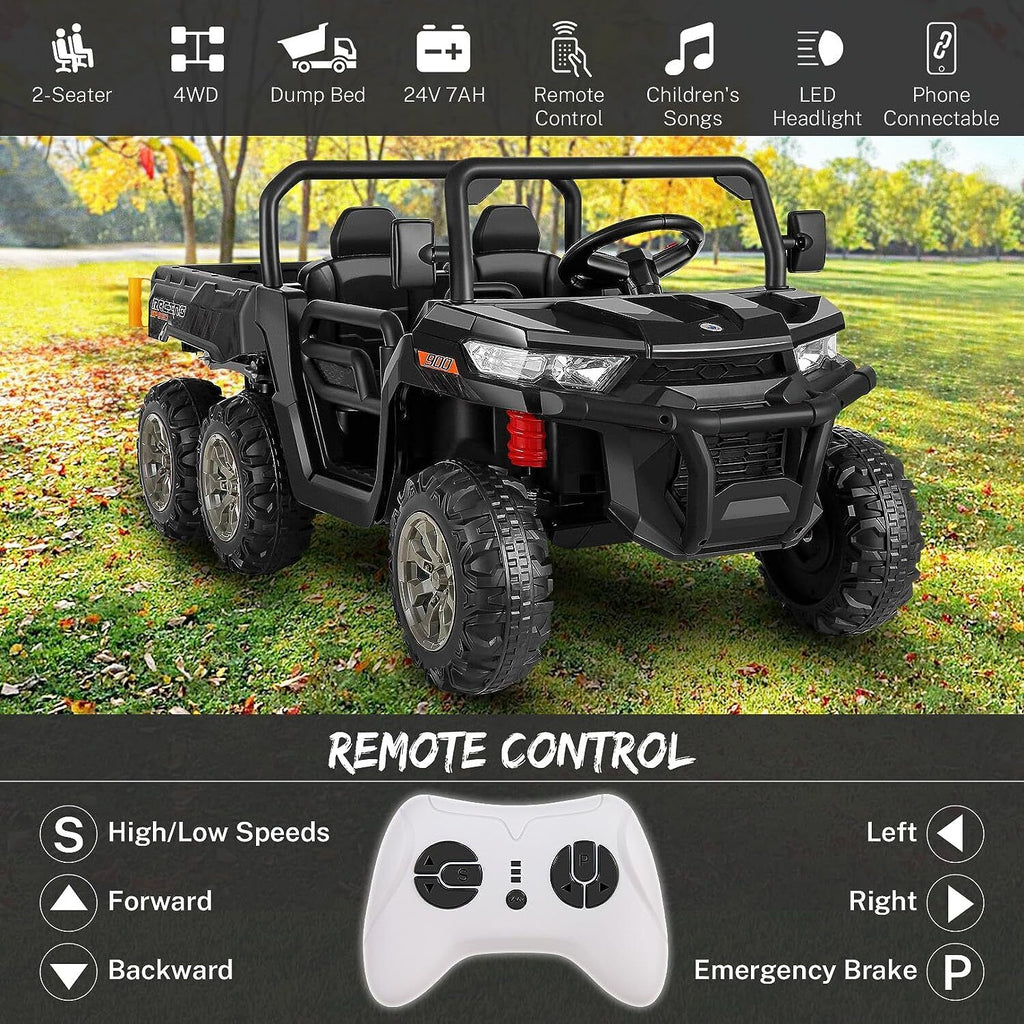 2 Seater 24V 4WD Ride On Car for Kids with Dump Bed, Remote Control, MP3, and LED Lights