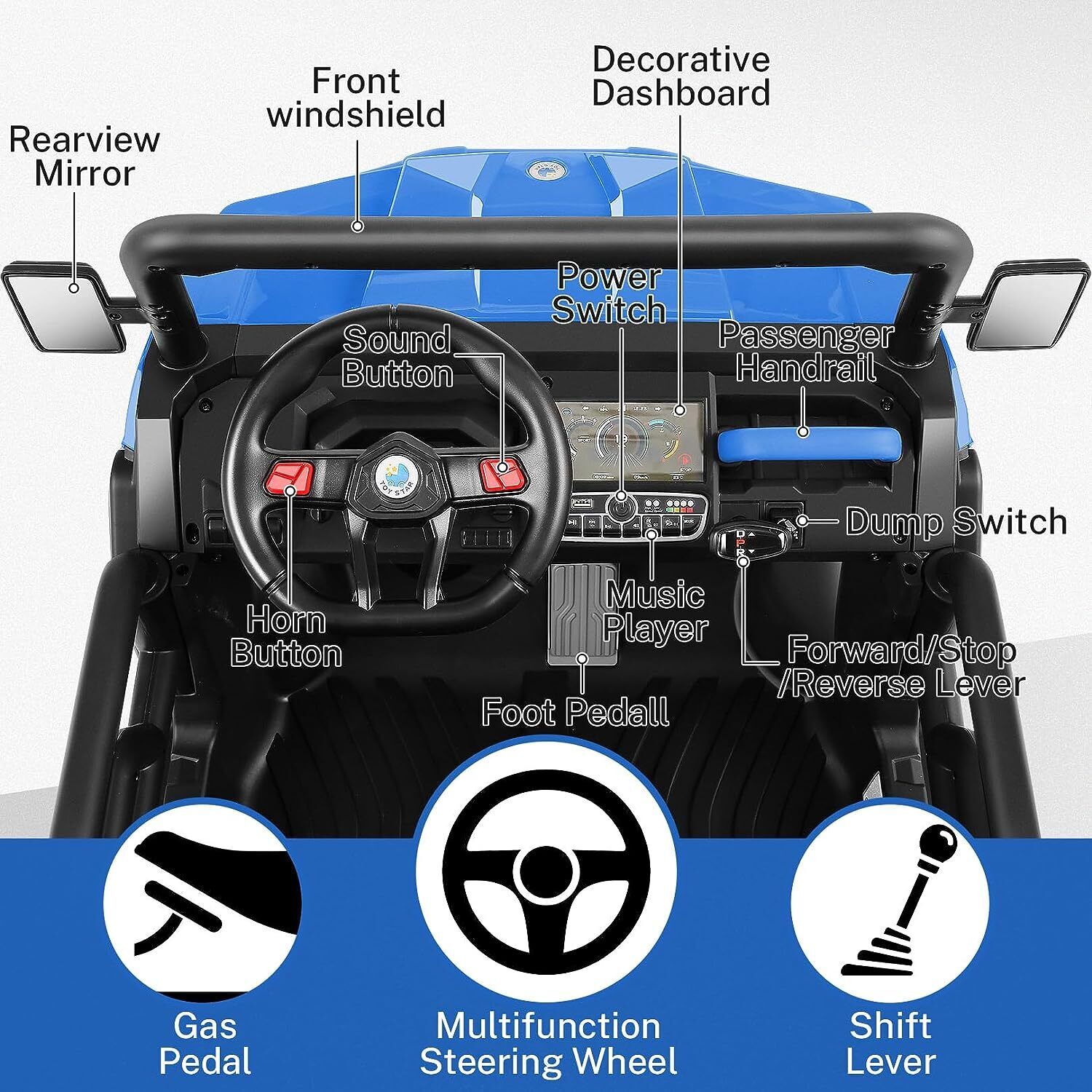 2 Seater 24V 4WD Ride On Car for Kids with Dump Bed, Remote Control, MP3, and LED Lights