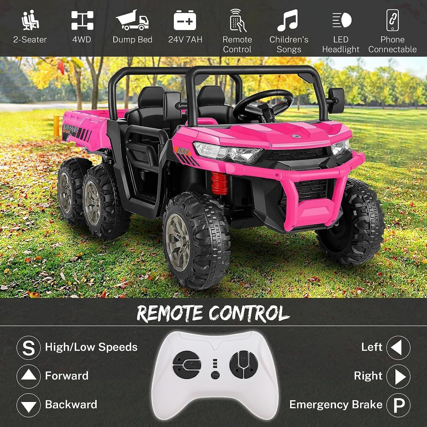 2 Seater 24V Electric Ride-On Car with 4WD, Tractor Trailer, and Dump Feature