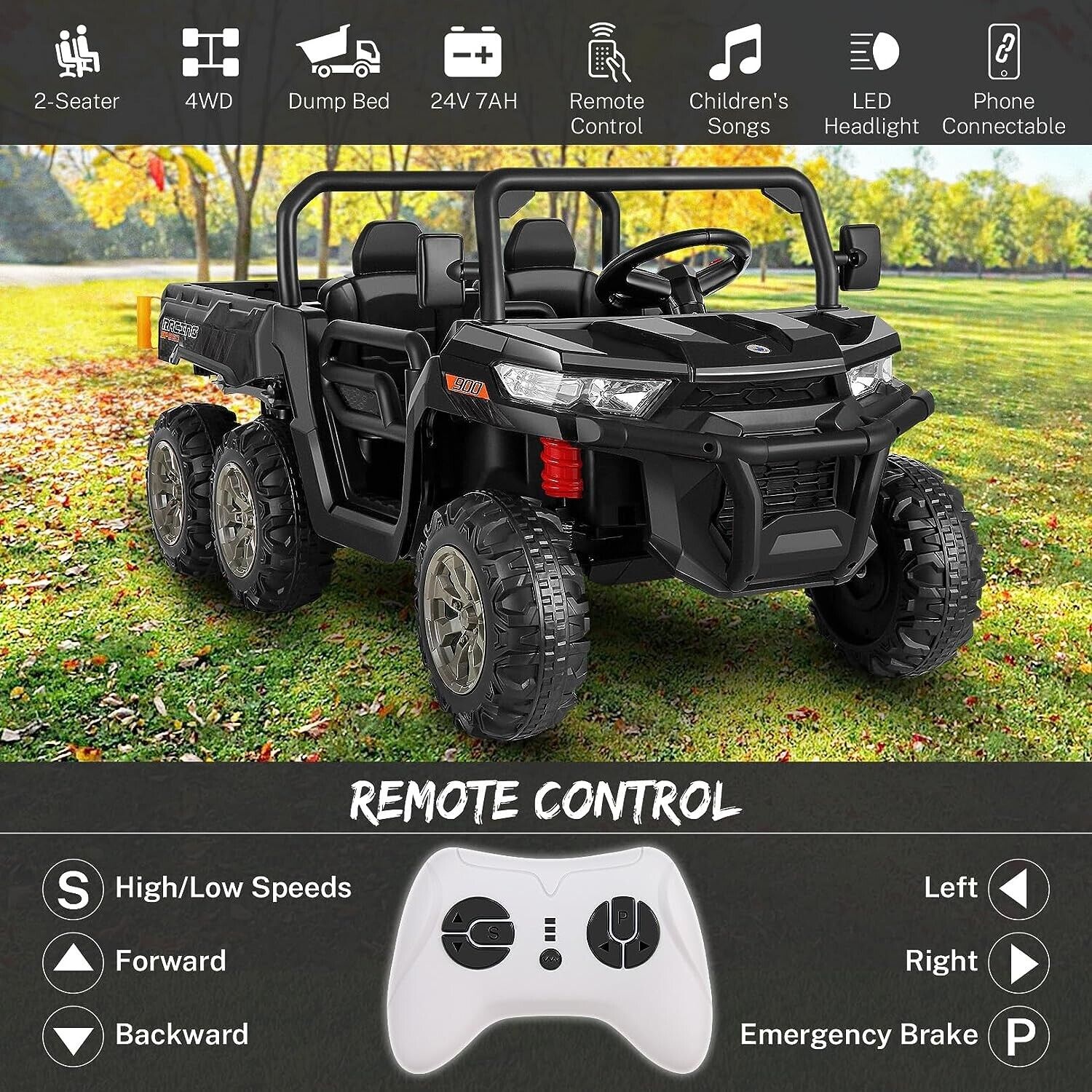2-Seater 24V Electric UTV Car with 4WD and Dump Bed for Kids - Powerful Off-Road Vehicle