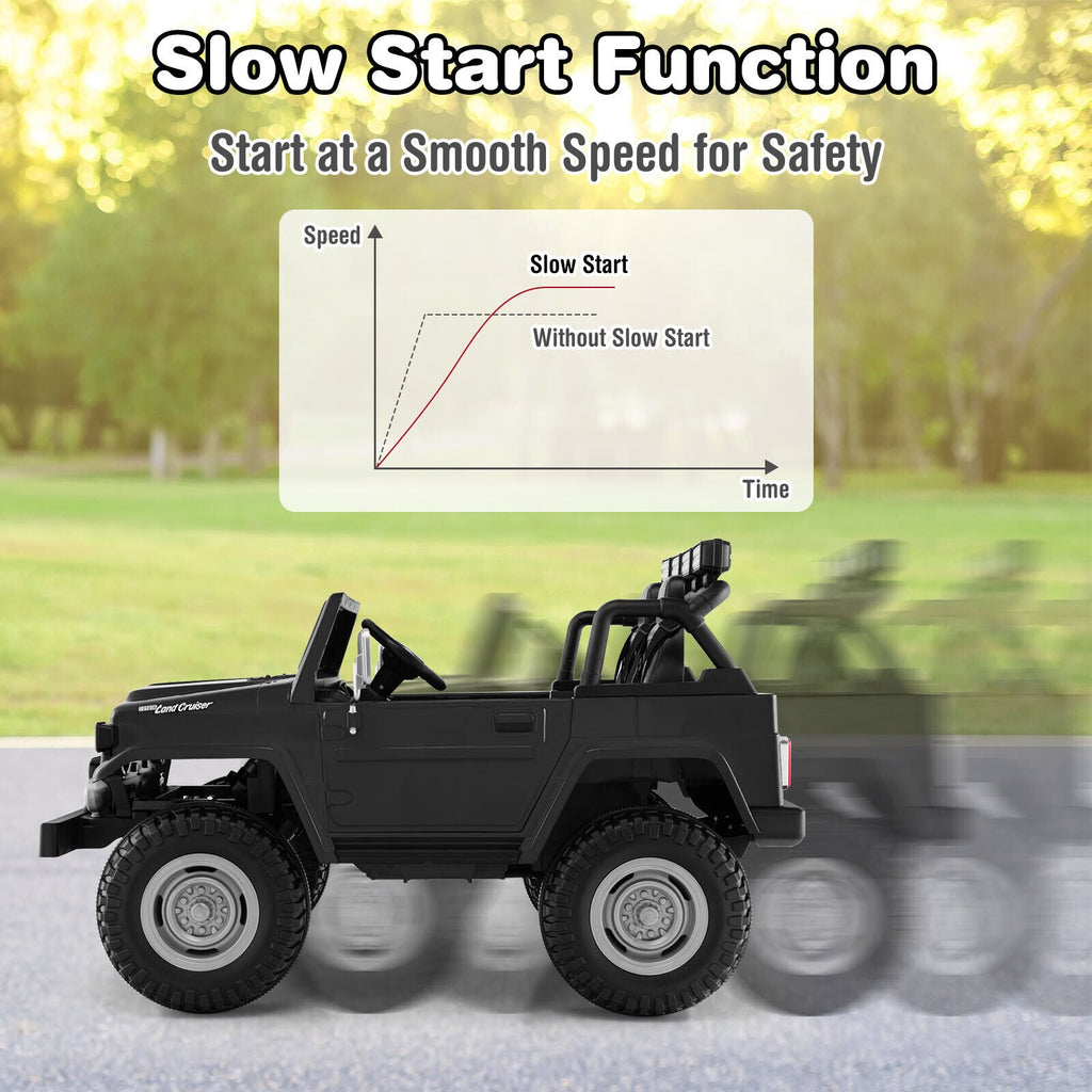2-Seater Black Battery Powered Ride-On Car with 3-Point Seat Belts and Doors - 12V