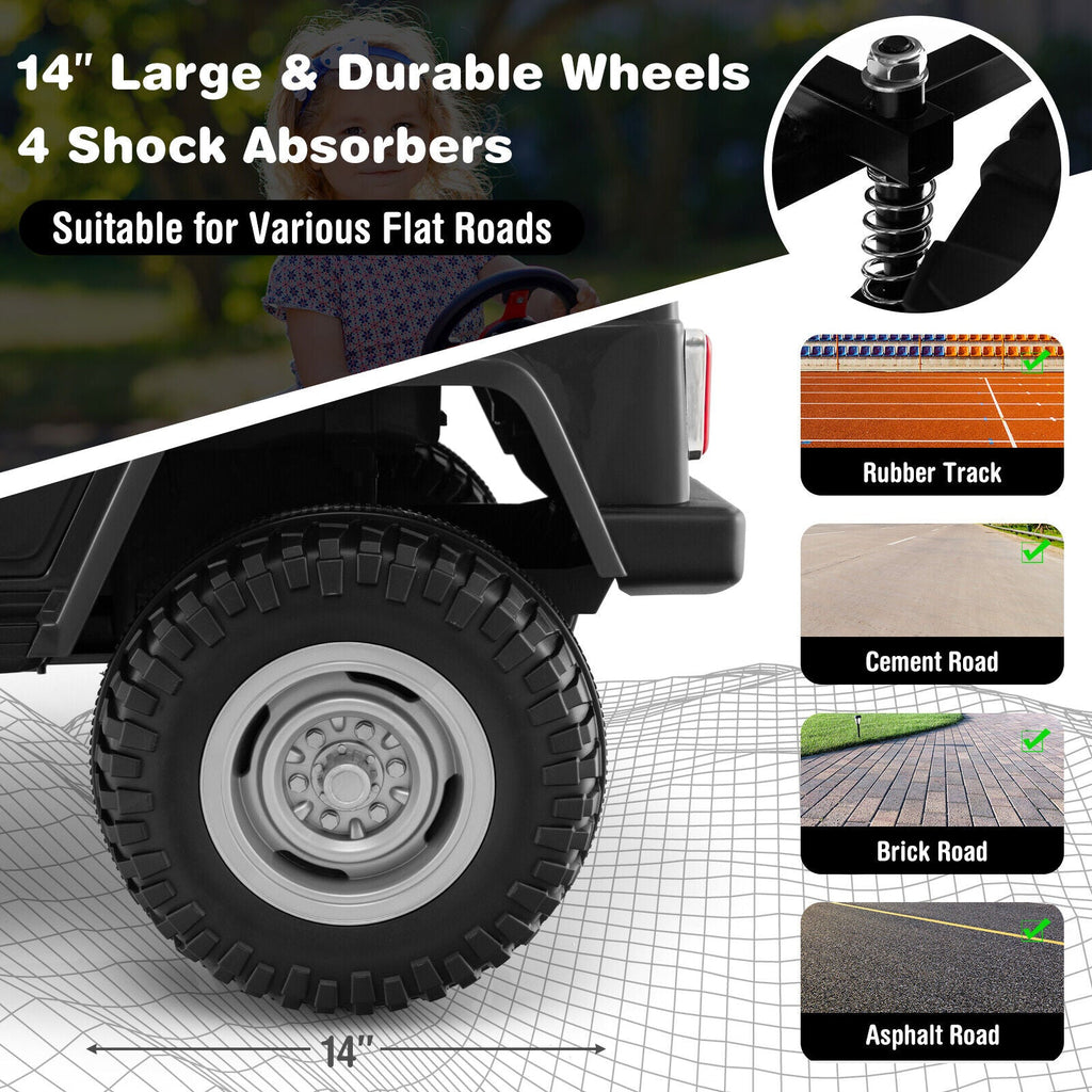 2-Seater Black Battery Powered Ride-On Car with 3-Point Seat Belts and Doors - 12V