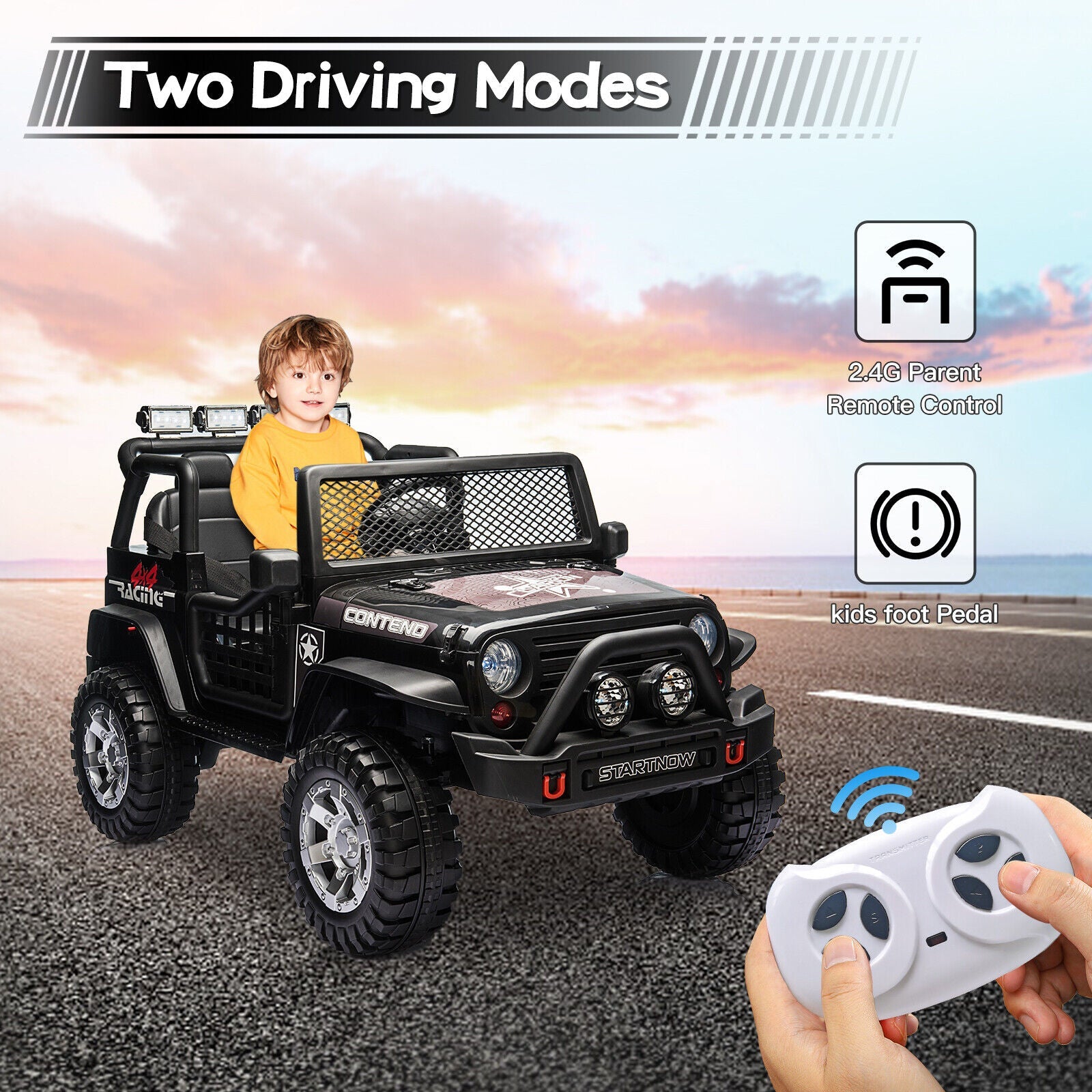 2-Seater Electric Ride On Jeep Toy with USB, Bluetooth, and Remote Control for Kids (12V)