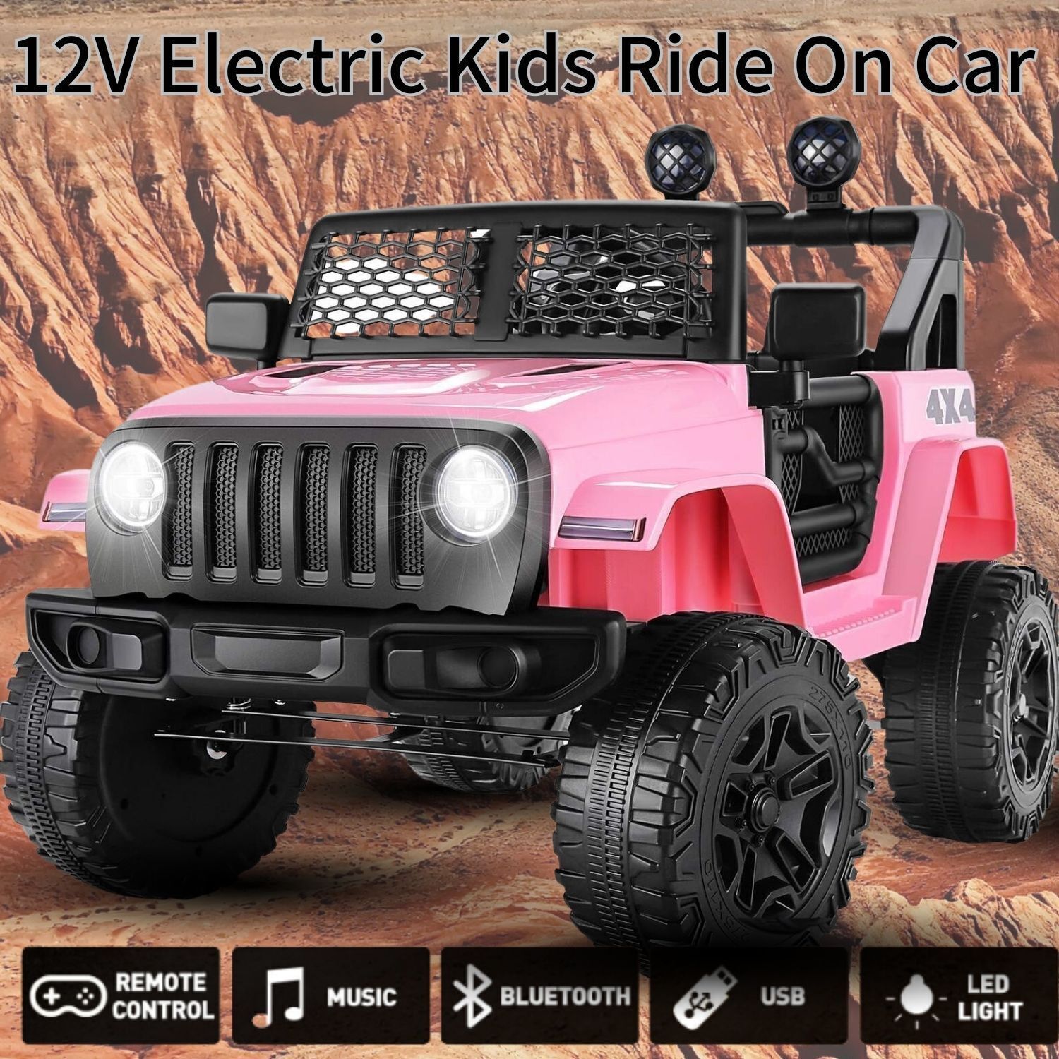 2-Seater Electric Ride-On Jeep Truck for Kids with RC, MP3, and LED Lights - 12V Battery Powered