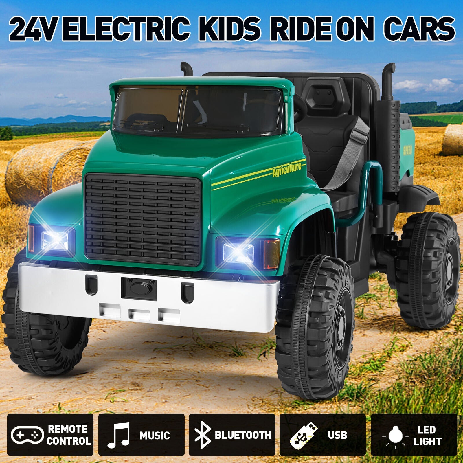 2-Seater Electric Ride-On Tractor with Dump Bed and 3-Speed RC - 24V Battery Powered Toy Car