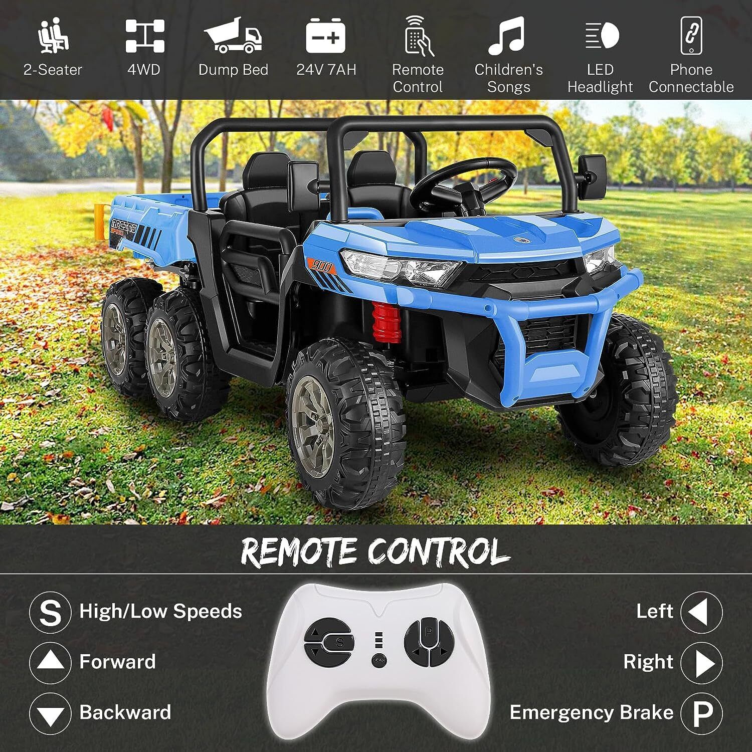 2-Seater Electric Ride-On Truck with Dump Bed and RC Control - 3 Speeds, 24V Power for Kids