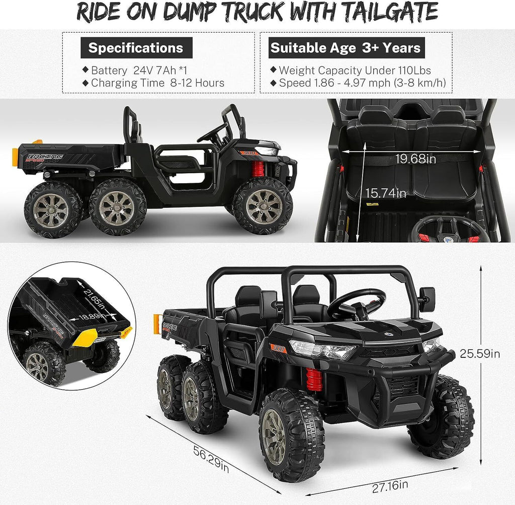 Premium 24V 7Ah Battery-Powered 2-Seat Dump Truck Ride-On Toy for Kids with 6 Wheels