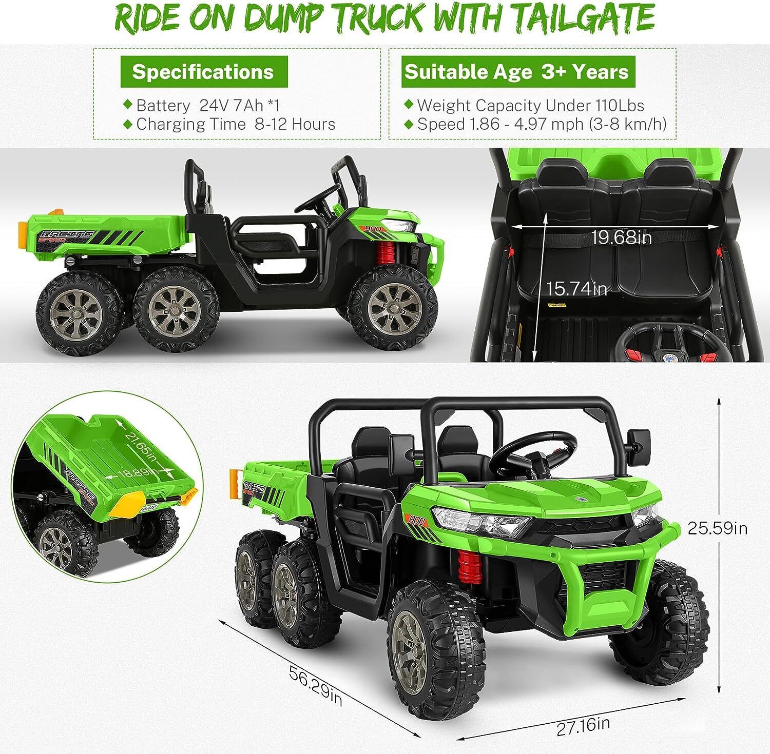 2-Seater Electric Truck Tractor with Dump Bed and Remote Control for Kids (24V)