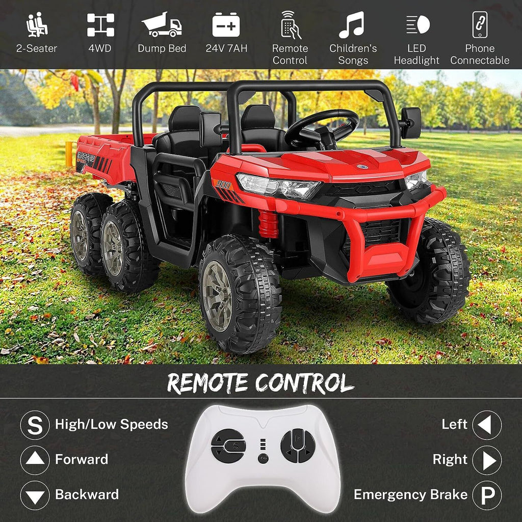 2 Seater 24V Dump Truck Ride On Car with Electric Dump Bed & Shovel - Remote Control Included