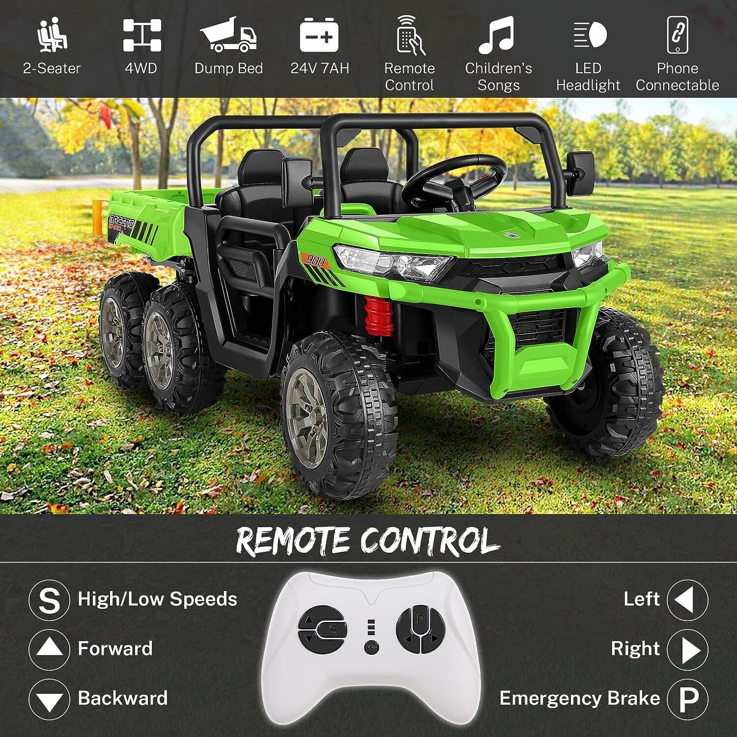 2-Seater Electric Truck Tractor with Dump Bed and Remote Control - 24V